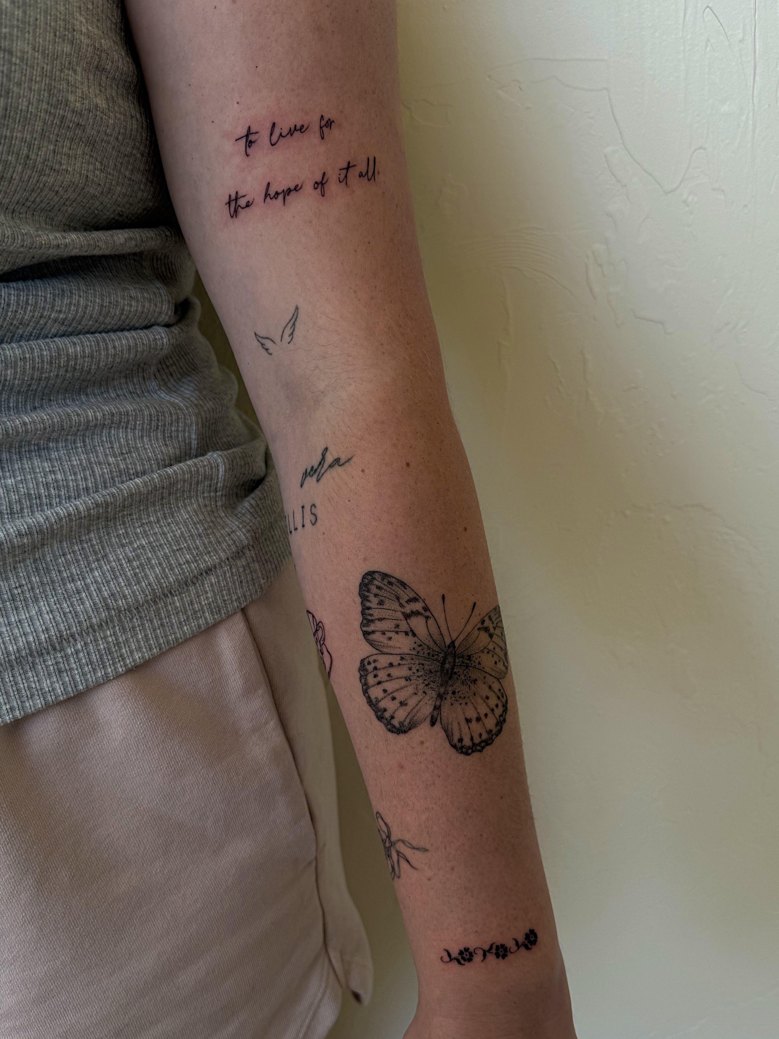 Butterfly black and grey tattoo on the forearm by Shelby Lynn Bayles, Ogden, Utah