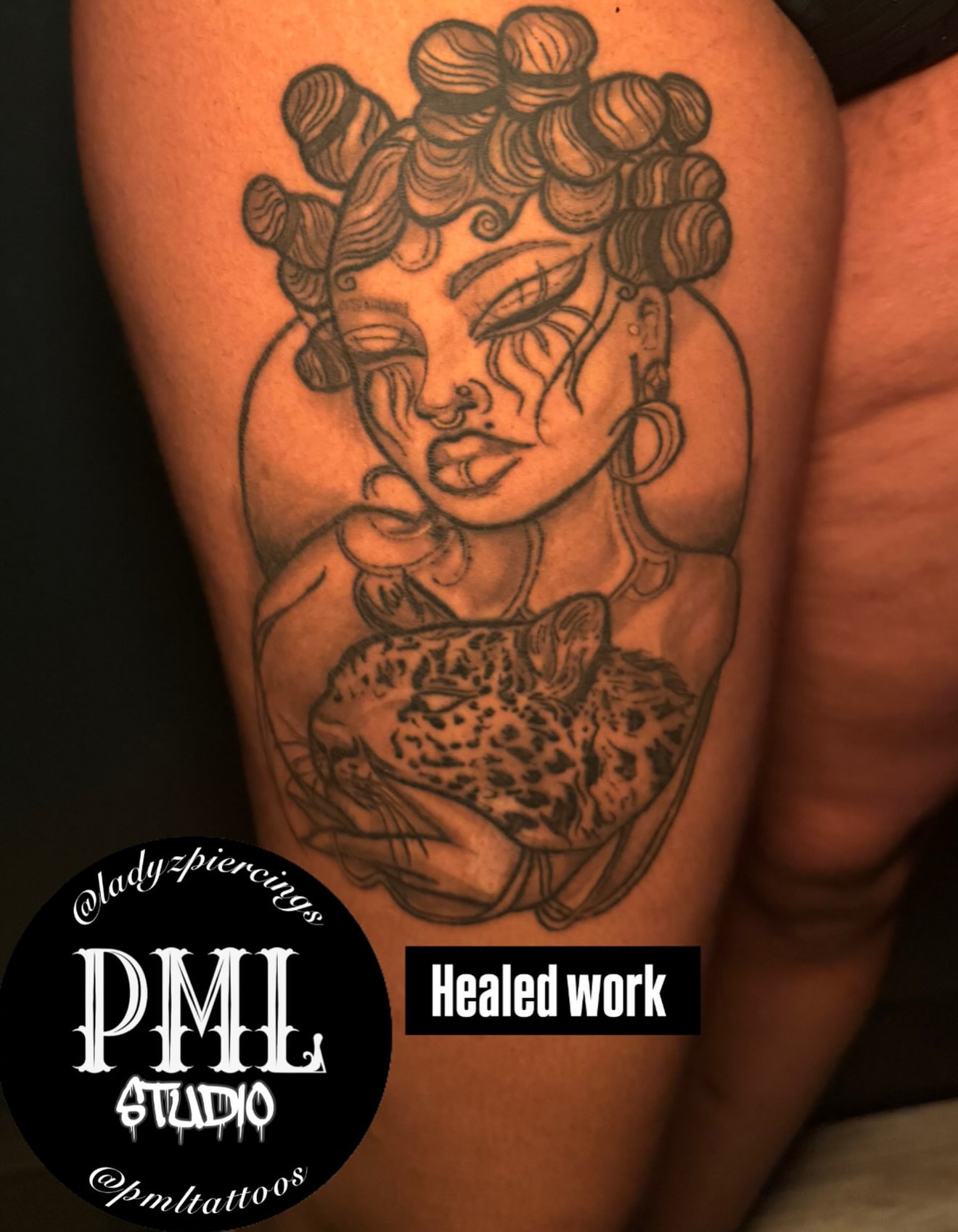 Woman with leopard realism tattoo on the thigh by PMLSTUDIO ✡️ Atlanta Licensed Artist, Decatur, Georgia