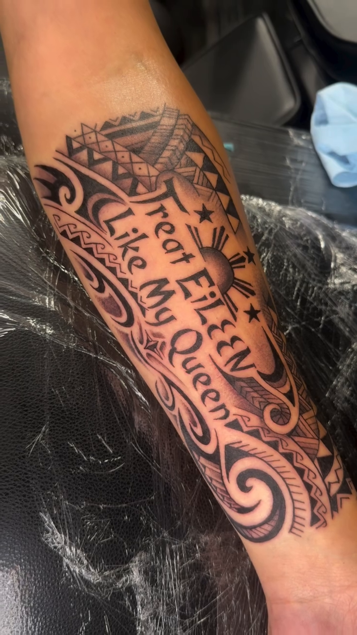 Quote with tribal elements tribal tattoo on the forearm by Erik Pagtakhan