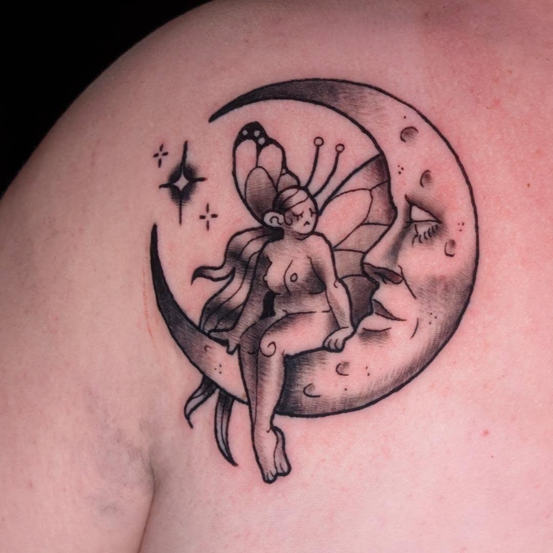 Fairy on moon black and grey tattoo on the shoulder by norn noszka