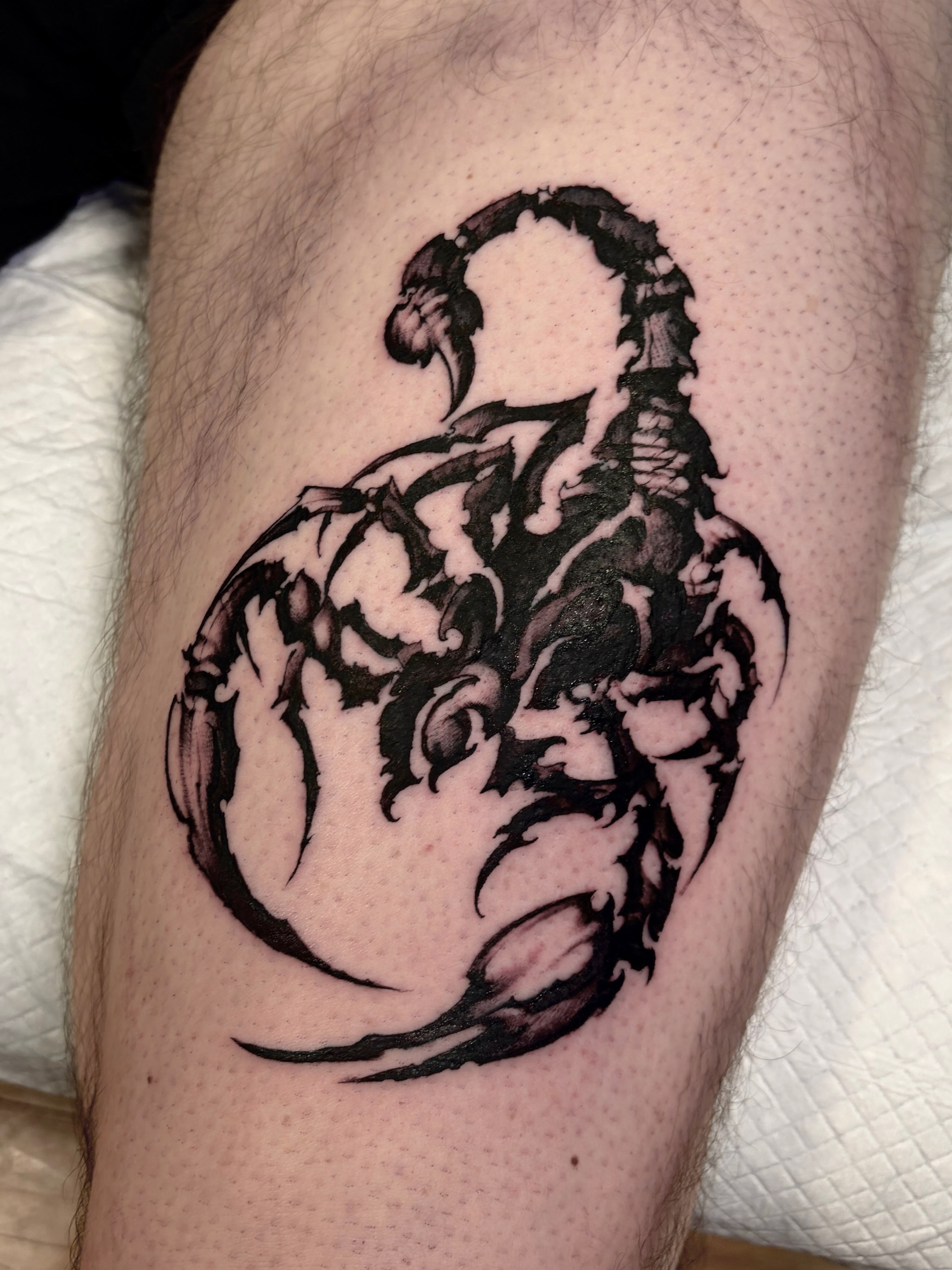 Scorpion black and grey tattoo on the thigh by Italo Holie
