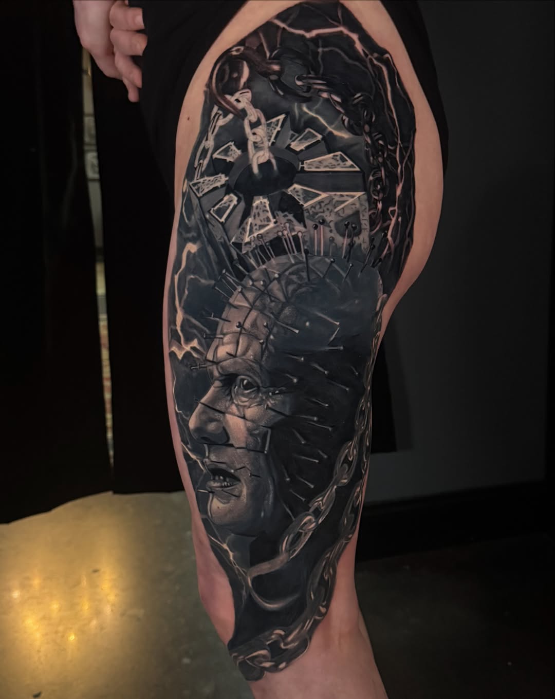 Tattoo by @lindseylanetattoos — dark_realism, black_and_grey