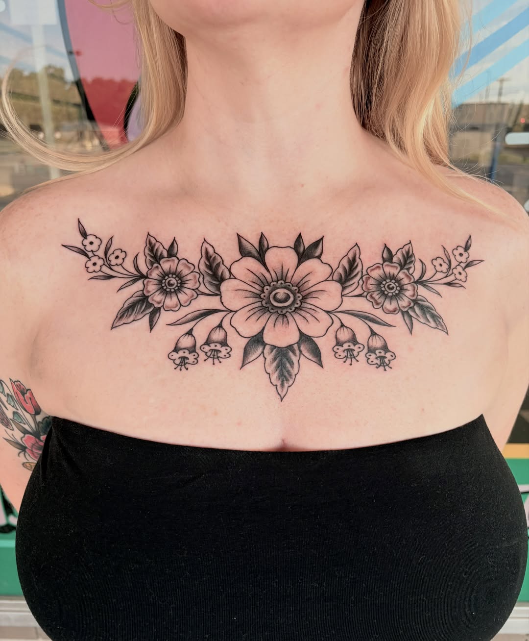 Floral bouquet black and grey tattoo on the shoulder by Dayton Tattoo Artist, Miamisburg, Ohio