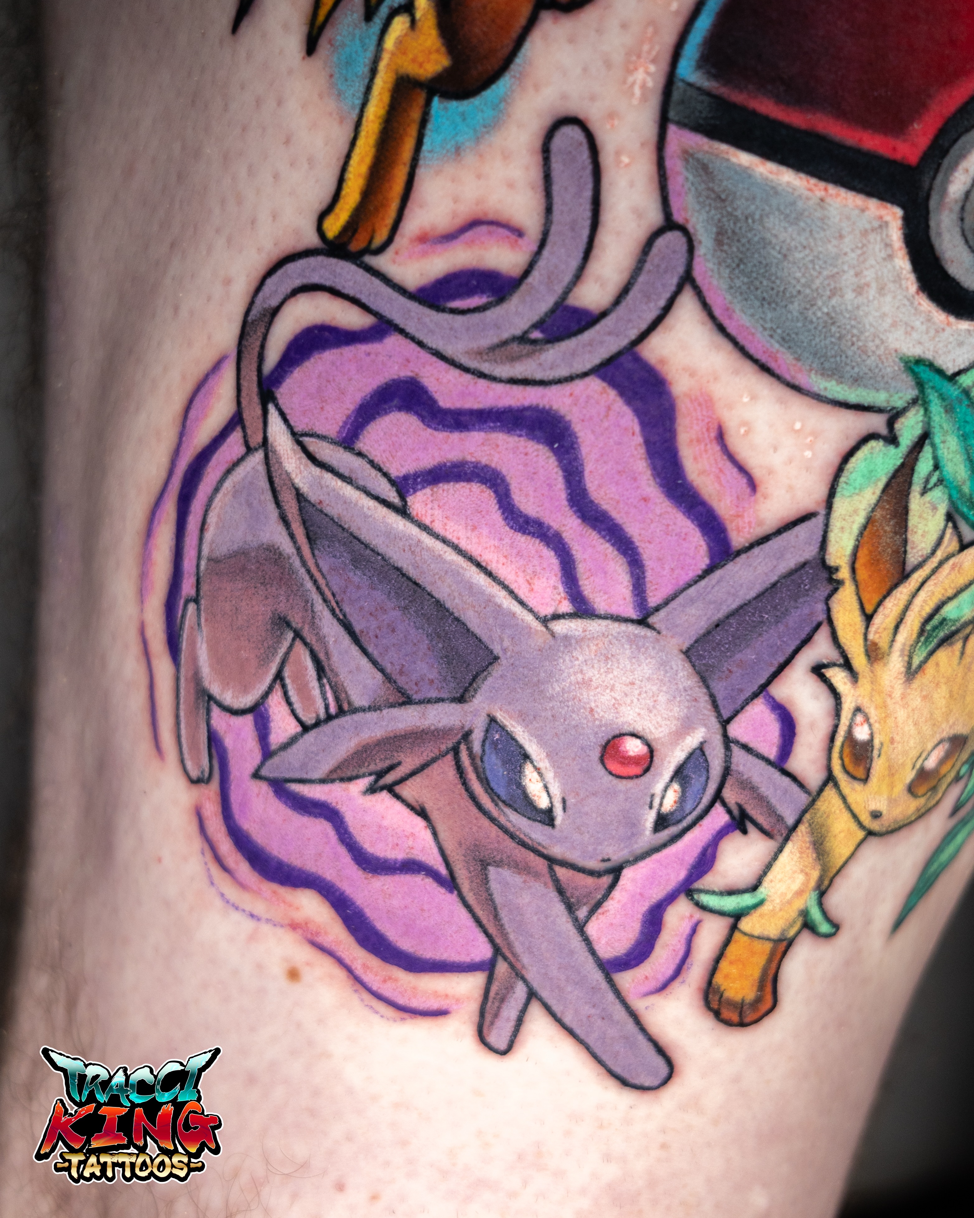 Eevee evolution dotwork tattoo on the forearm by Tracci King