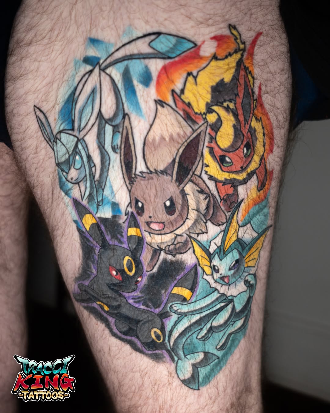 Eevee evolution family anime tattoo on the forearm by Tracci King