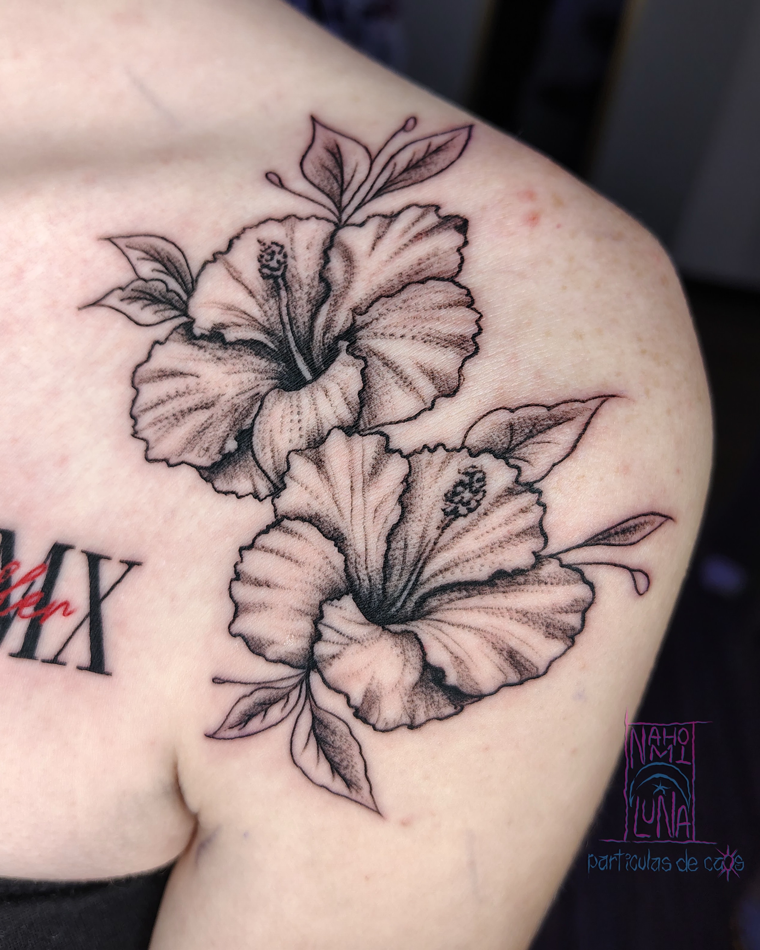 Hibiscus flowers black and grey tattoo on the shoulder by Nahomi Luna - Memphis & Cordova Tattoo, Memphis, Tennessee