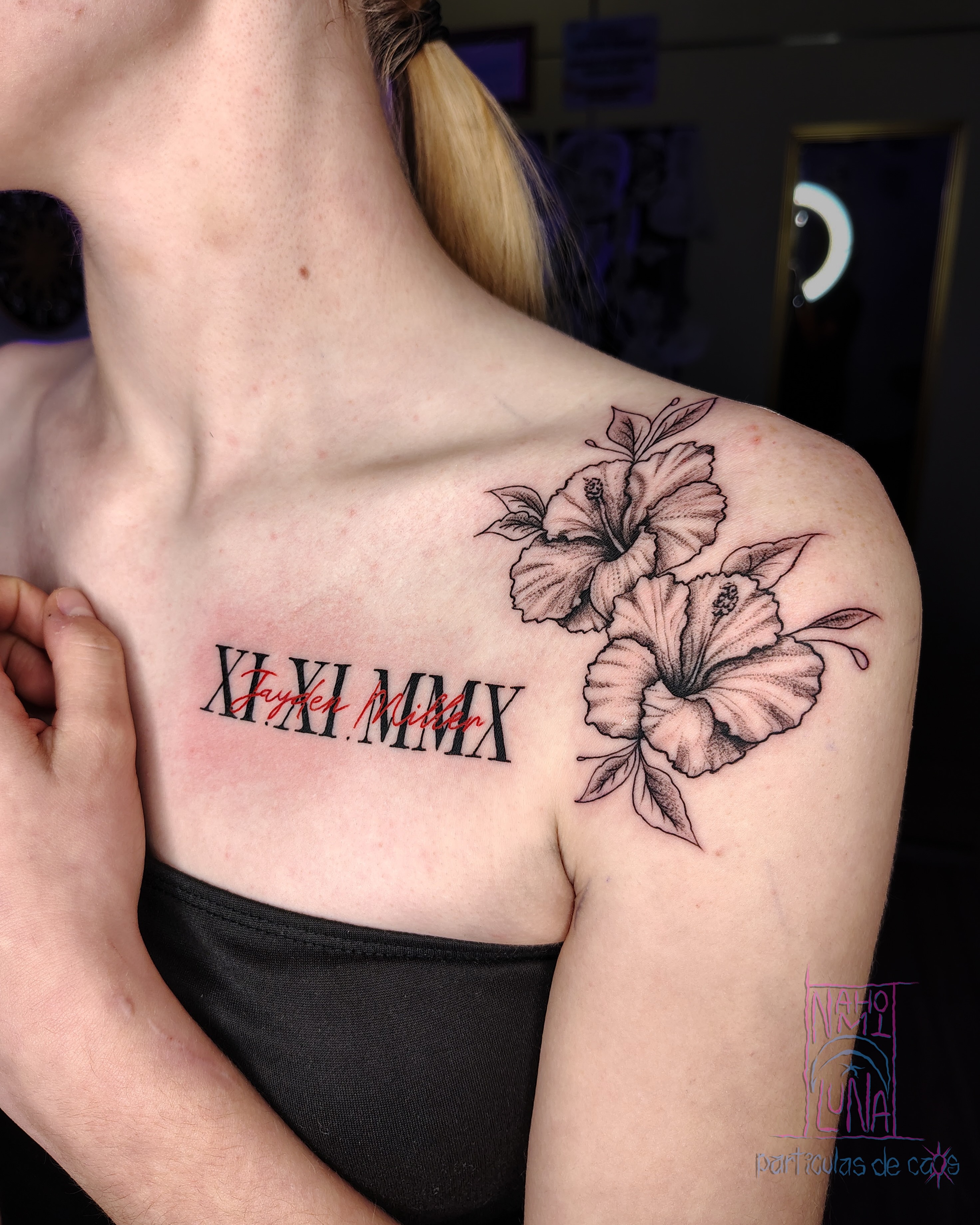 Hibiscus flowers black and grey tattoo on the shoulder by Nahomi Luna - Memphis & Cordova Tattoo, Memphis, Tennessee