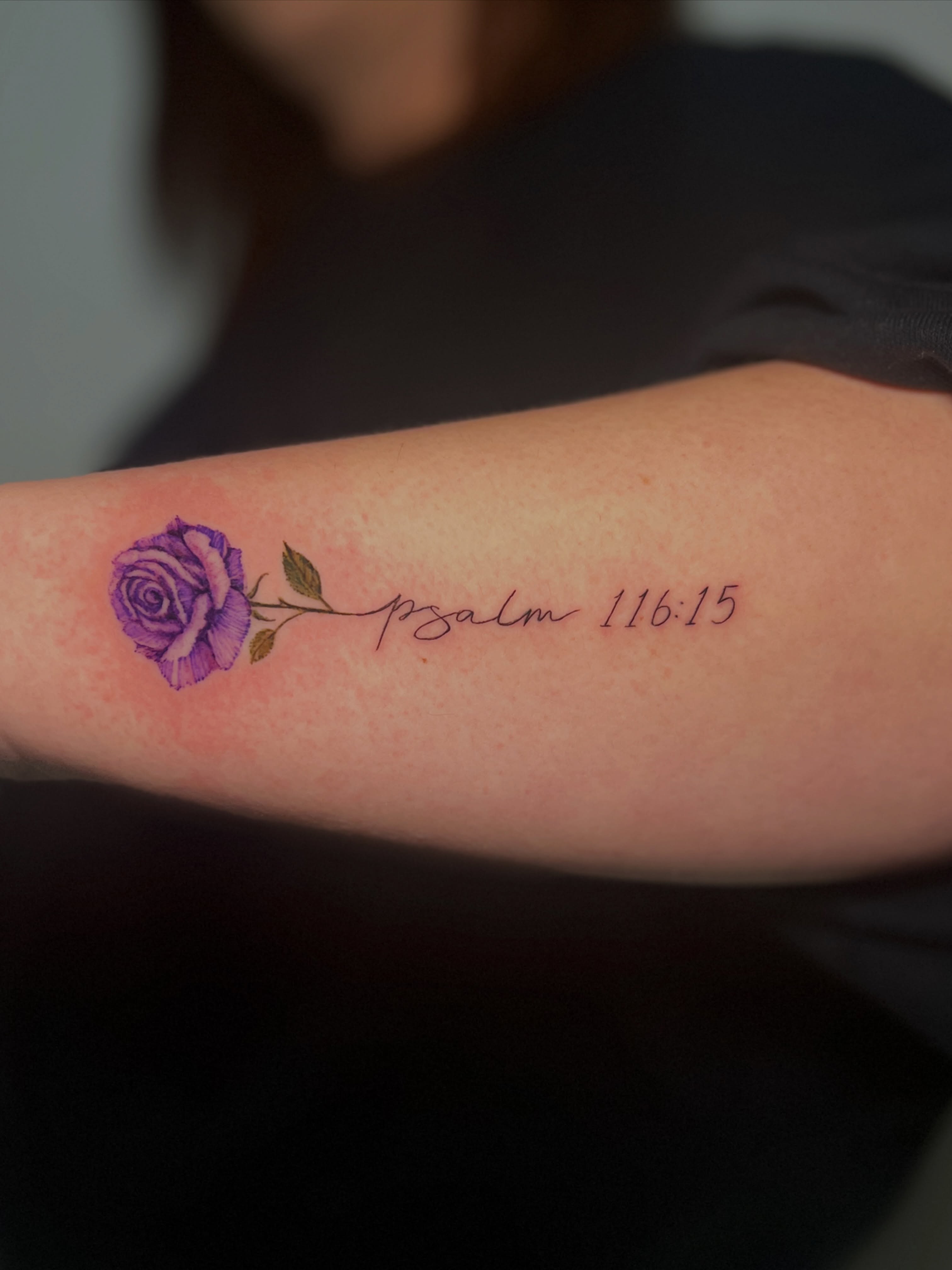 Purple rose fine line tattoo on the forearm by Eleana, North Miami, Florida