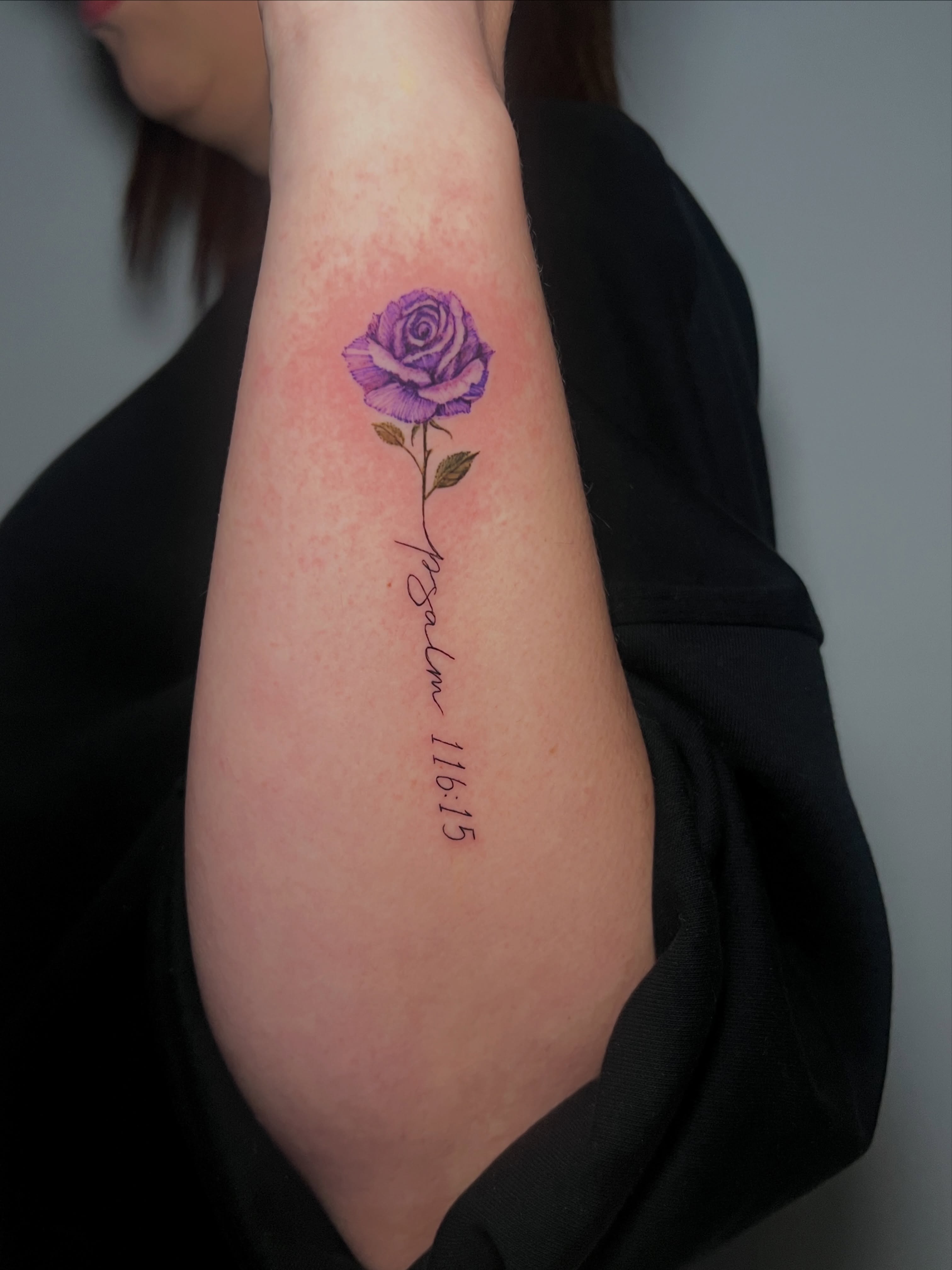 Purple rose watercolor tattoo on the forearm by Eleana, North Miami, Florida