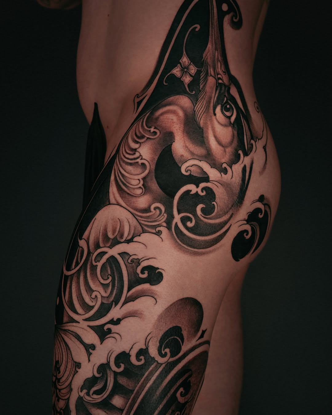 Koi fish japanese irezumi tattoo on the thigh by Lorena Borges Gomes