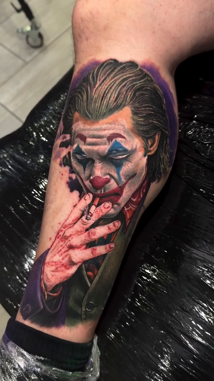 The Joker portrait realism tattoo on the forearm by Guillermo Columbie, Houston, Texas