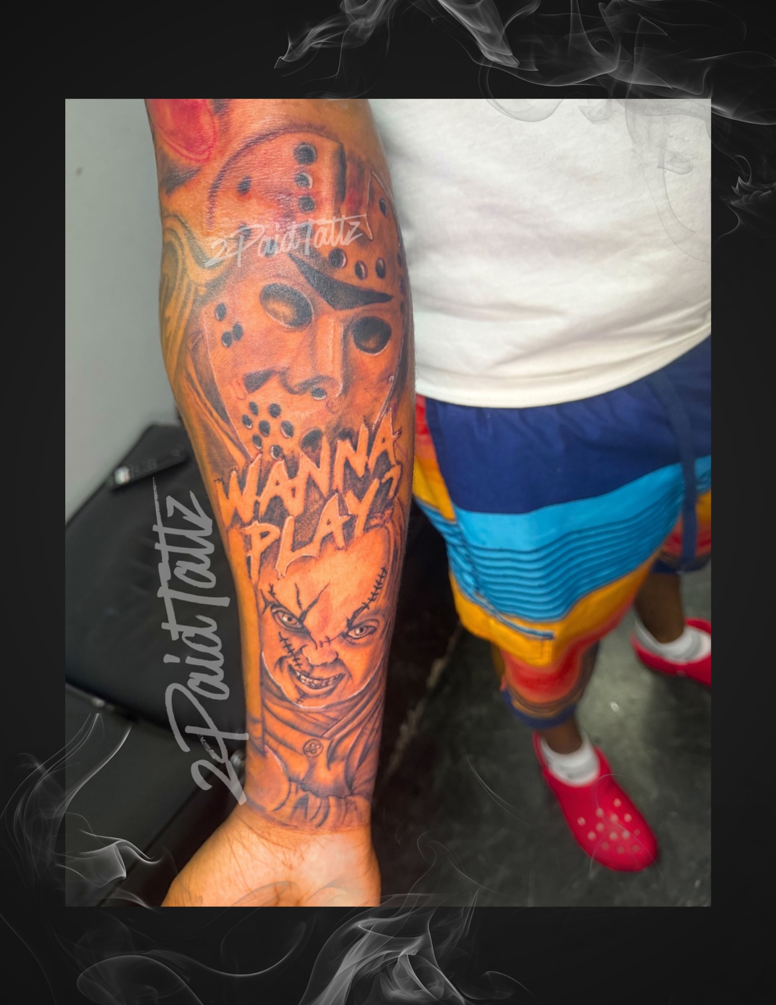 Mask and clown realism tattoo on the forearm by 2PaidTattz