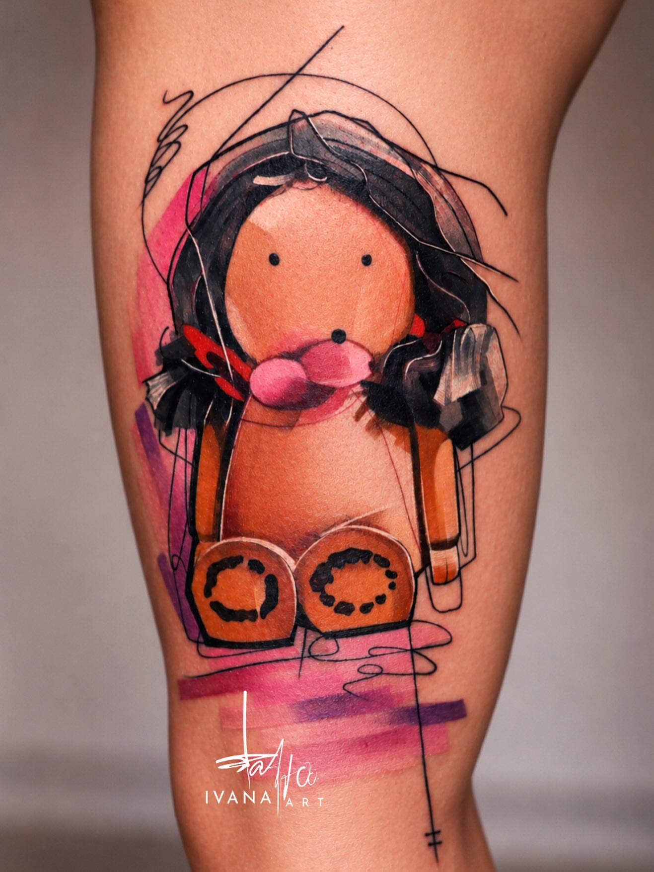 Doll watercolor tattoo on the leg by Ivana Belakova