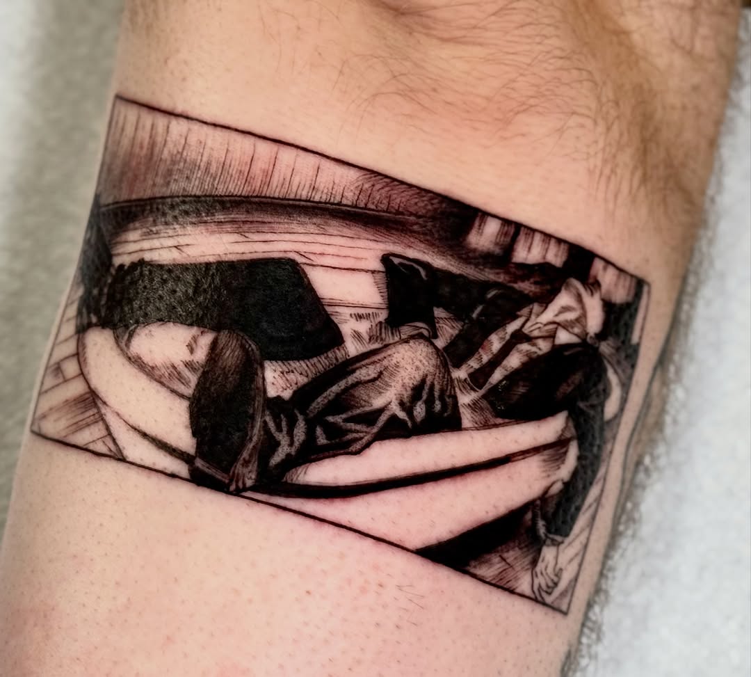 Man lying down black and grey tattoo on the forearm by 🗡️Abi🗡️