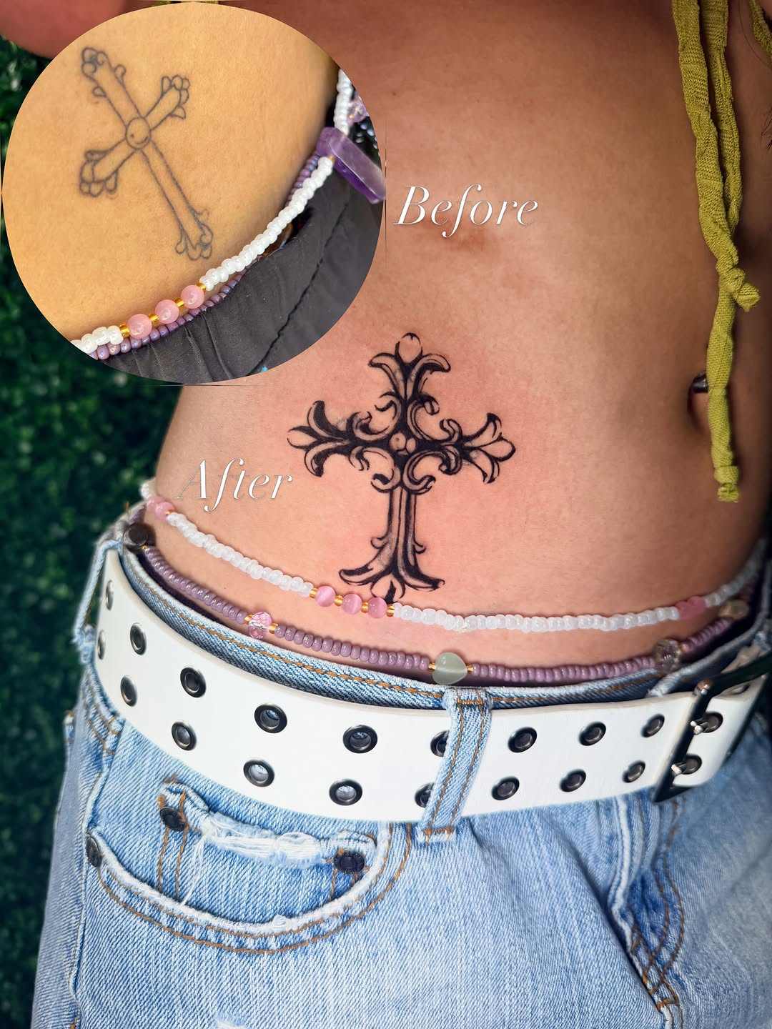 Ornate cross tattoo on the torso by bella :)