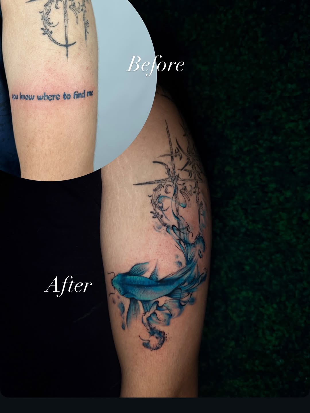 Blue koi fish with abstract elements watercolor tattoo on the upper arm by bella :)