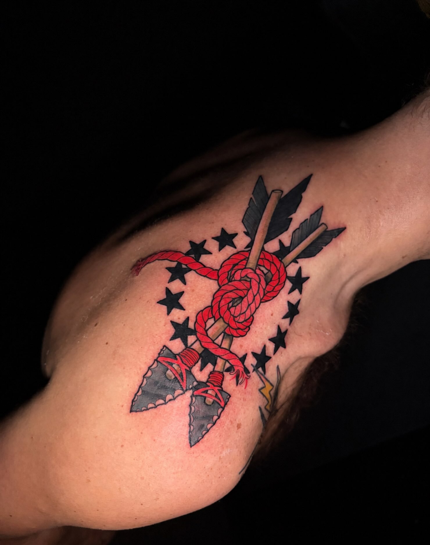 Rope and arrows American traditional tattoo on the shoulder by Nathan Mickle