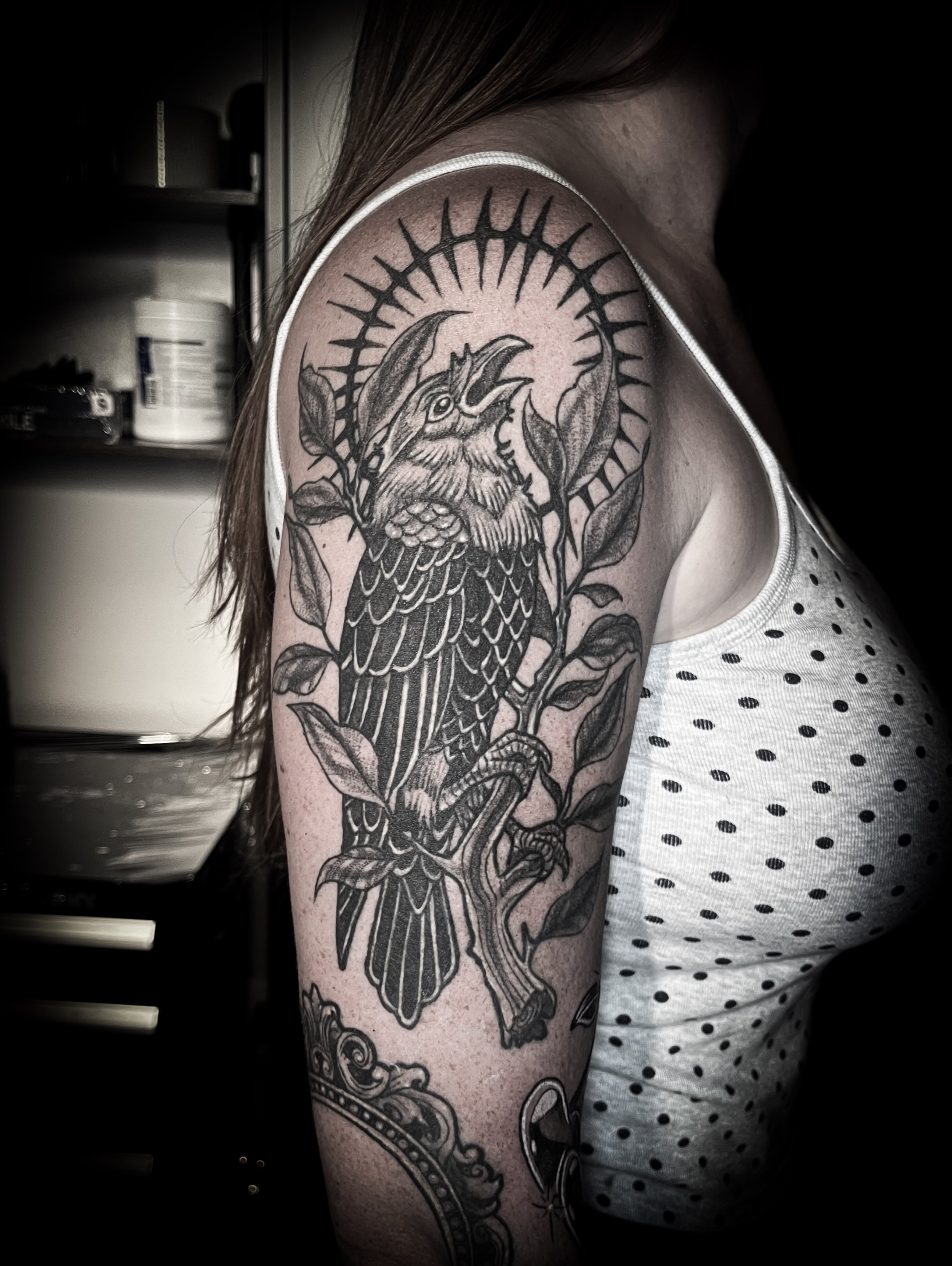 Bird and plant realism tattoo on the upper arm by Lindsay Fernandez, Colorado Springs, Colorado