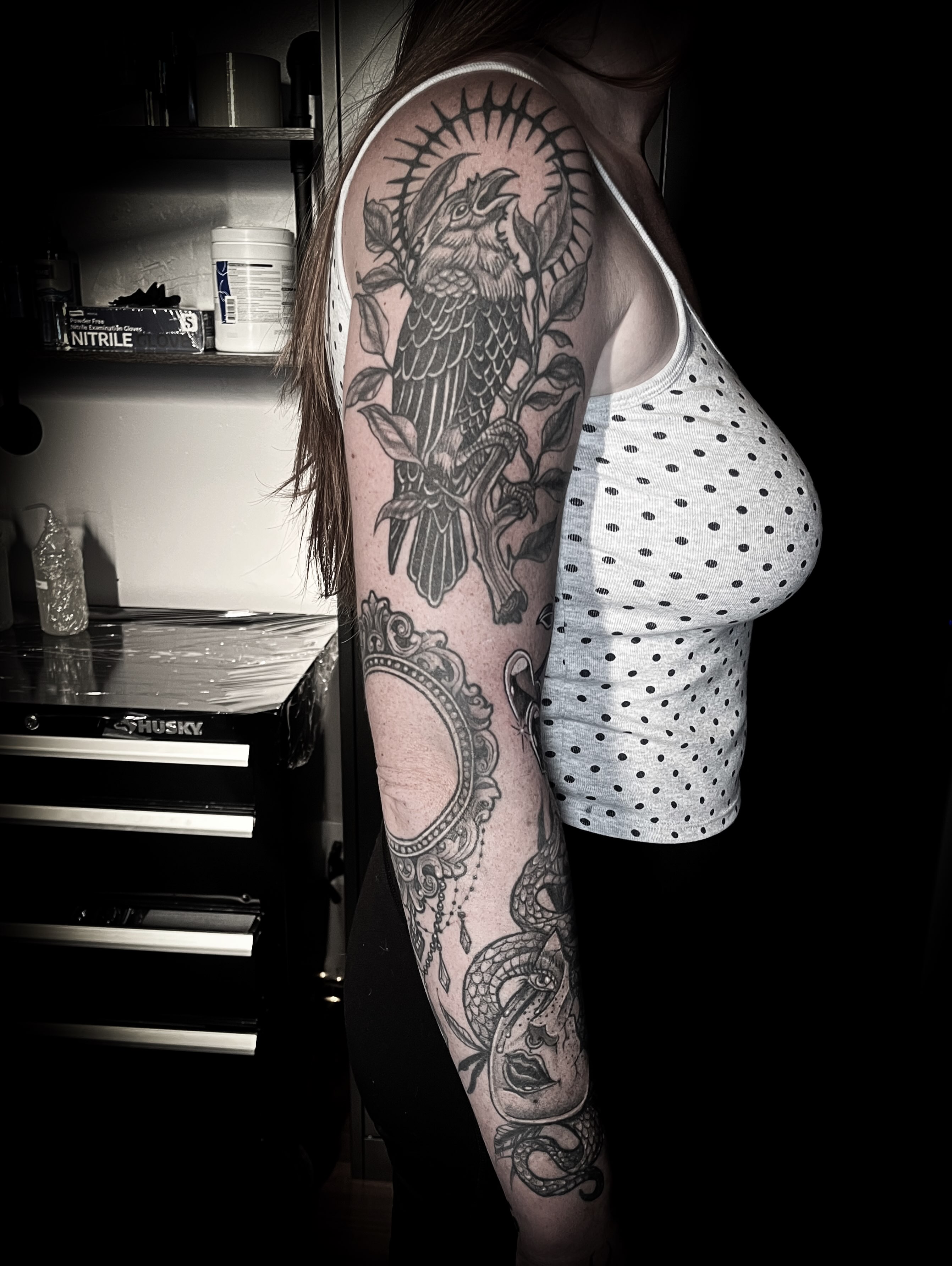 Bird and snake black and grey tattoo on the upper arm by Lindsay Fernandez, Colorado Springs, Colorado