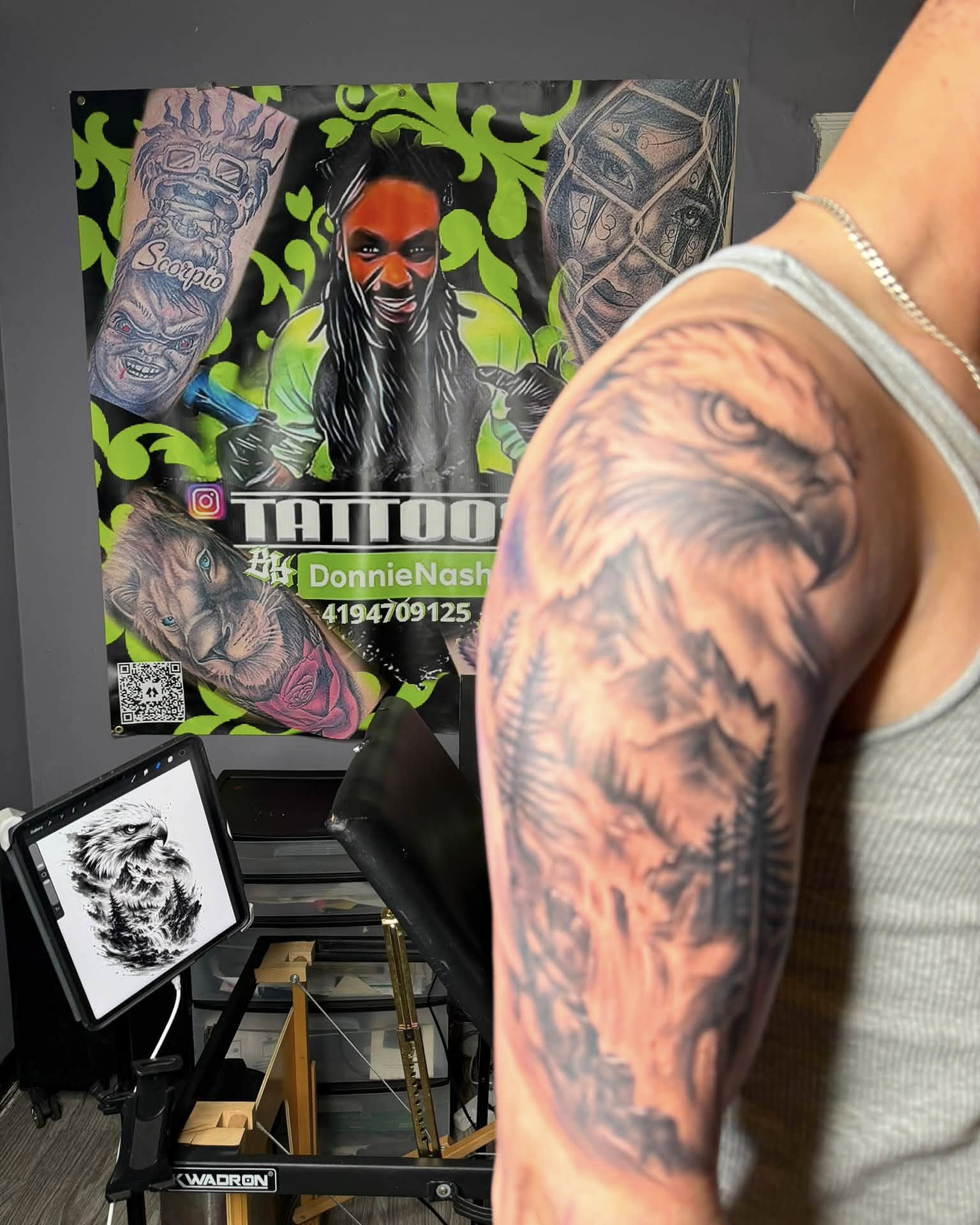 Eagle realism tattoo on the upper arm by Don Juan Ink Therapy, Jamesburg, New Jersey