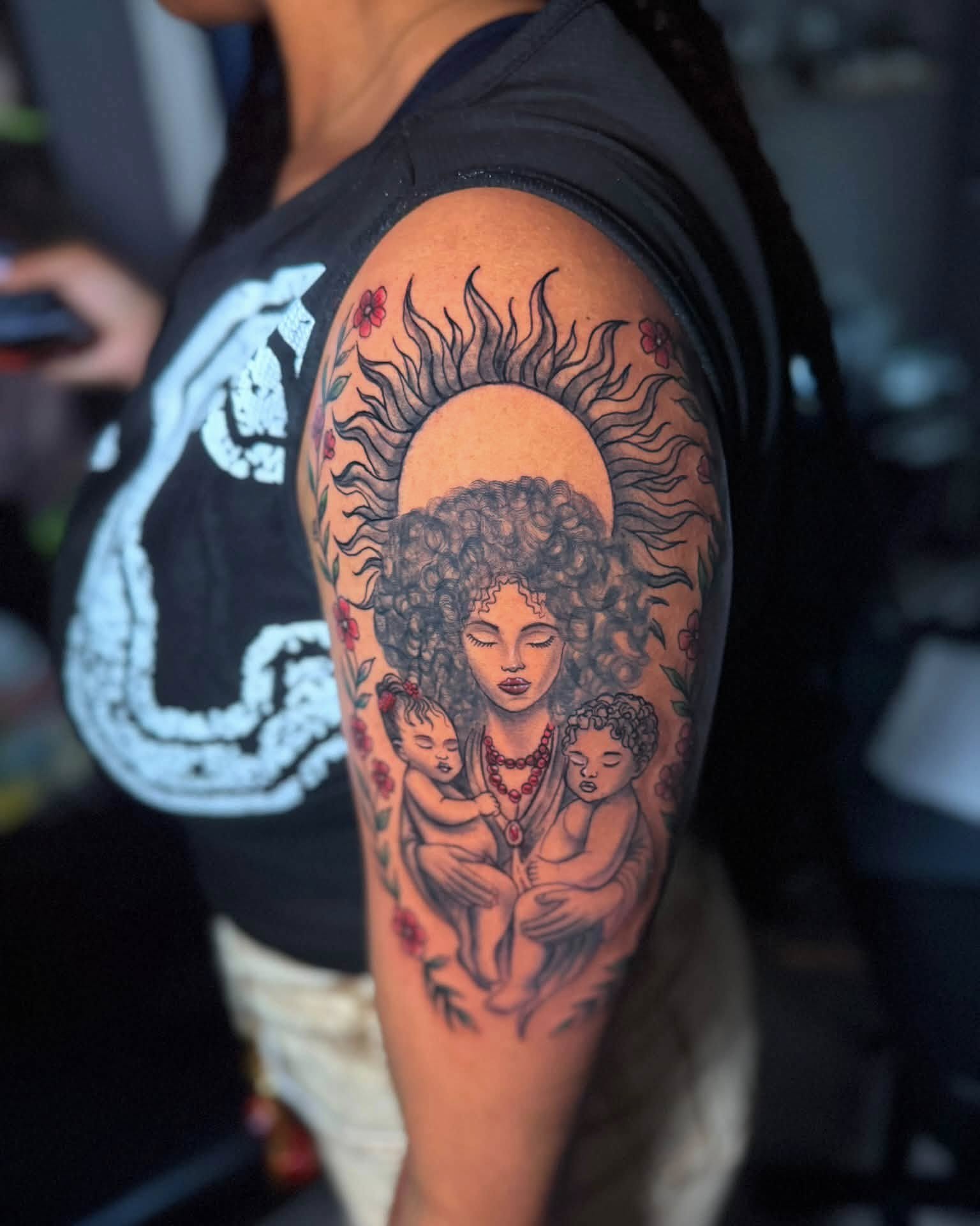 Mother and children realism tattoo on the shoulder by Don Juan Ink Therapy, Jamesburg, New Jersey
