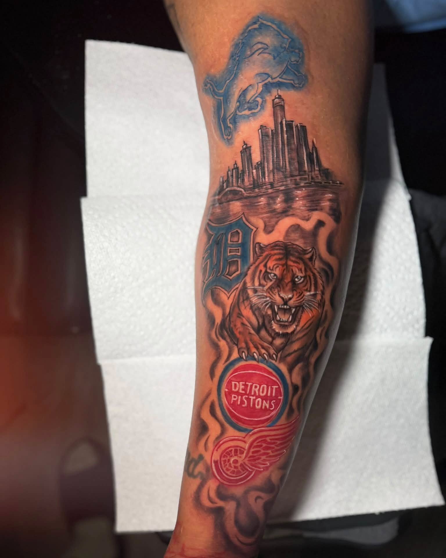 Sports team logos American traditional tattoo on the forearm by Don Juan Ink Therapy, Jamesburg, New Jersey
