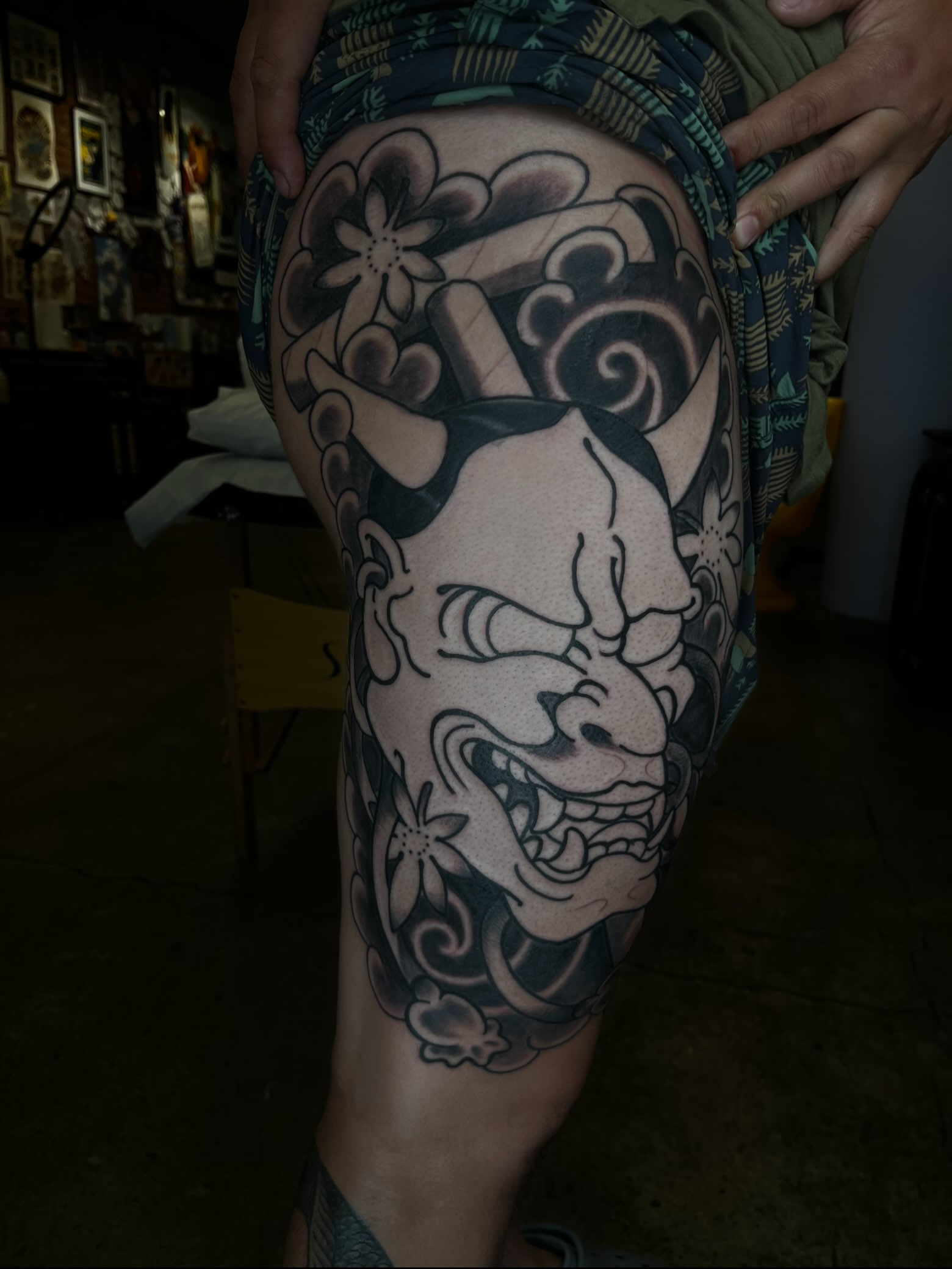 Demon mask japanese irezumi tattoo on the thigh by Kaichi Fujita, Eugene, Oregon