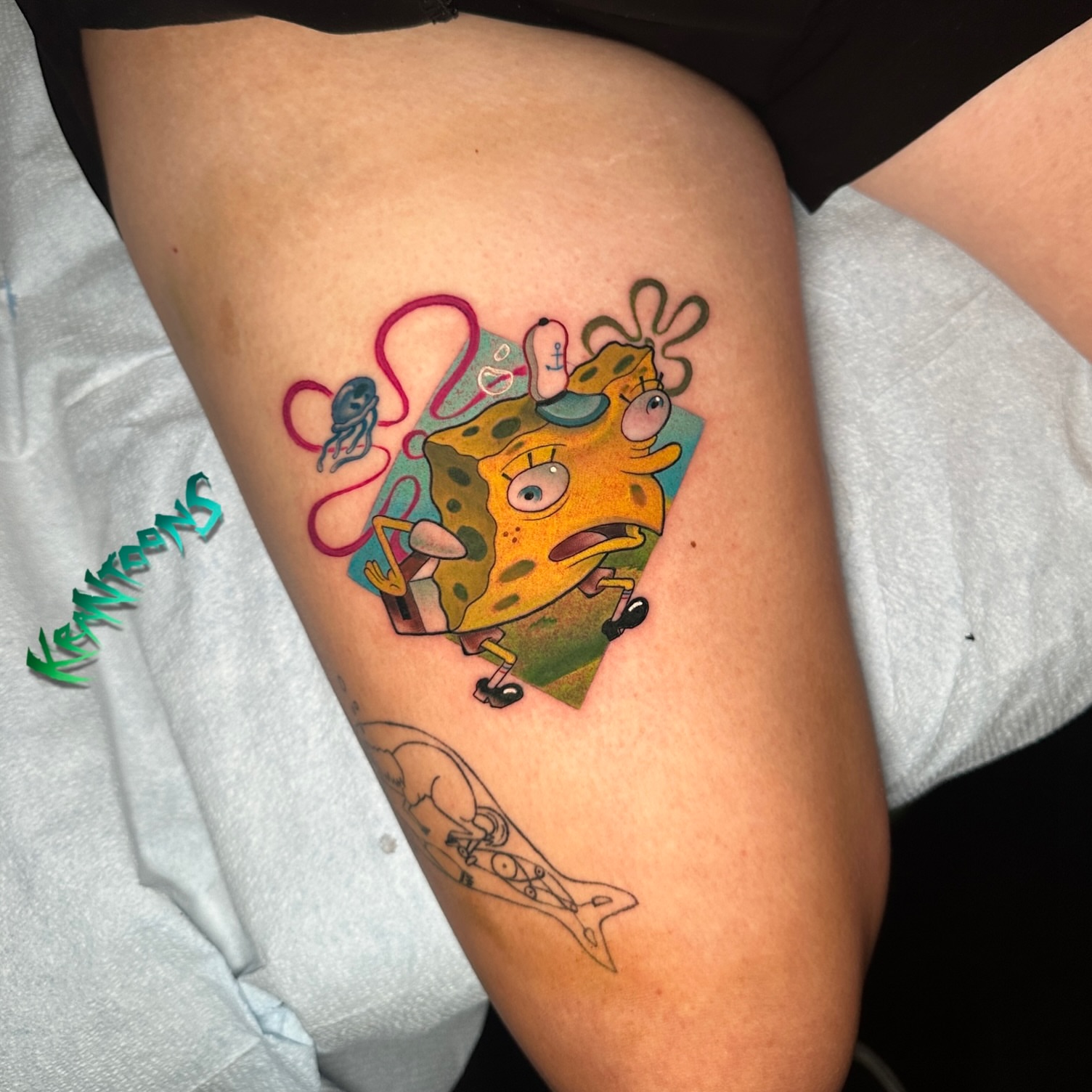 Spongebob squarepants new school tattoo on the thigh by Jason