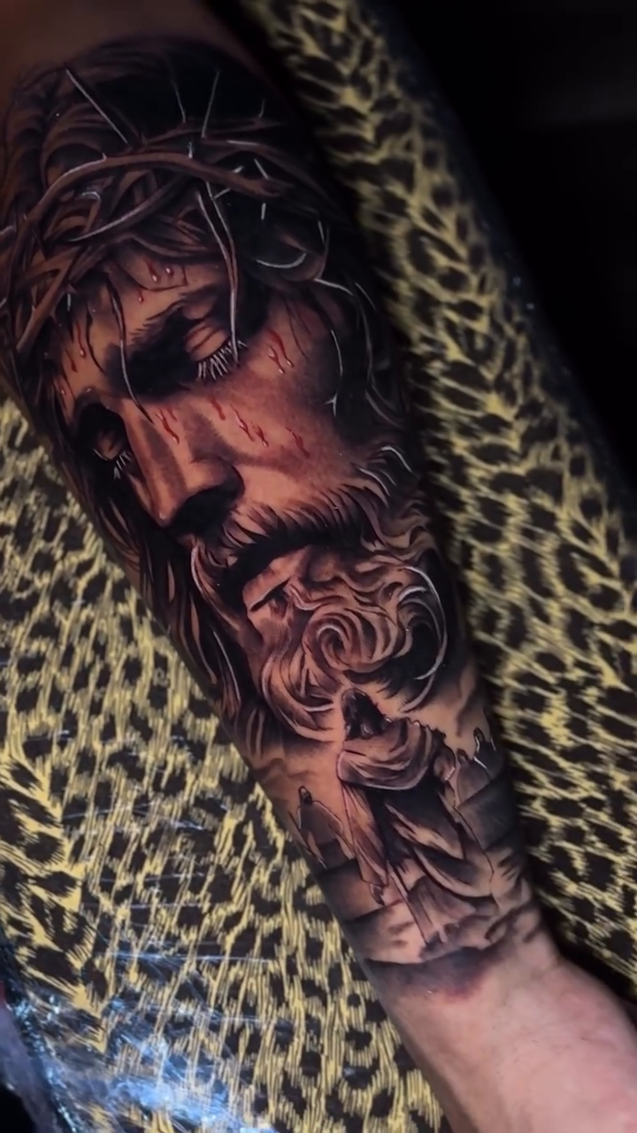 Jesus Christ portrait with roses realism tattoo by Savana ☆
