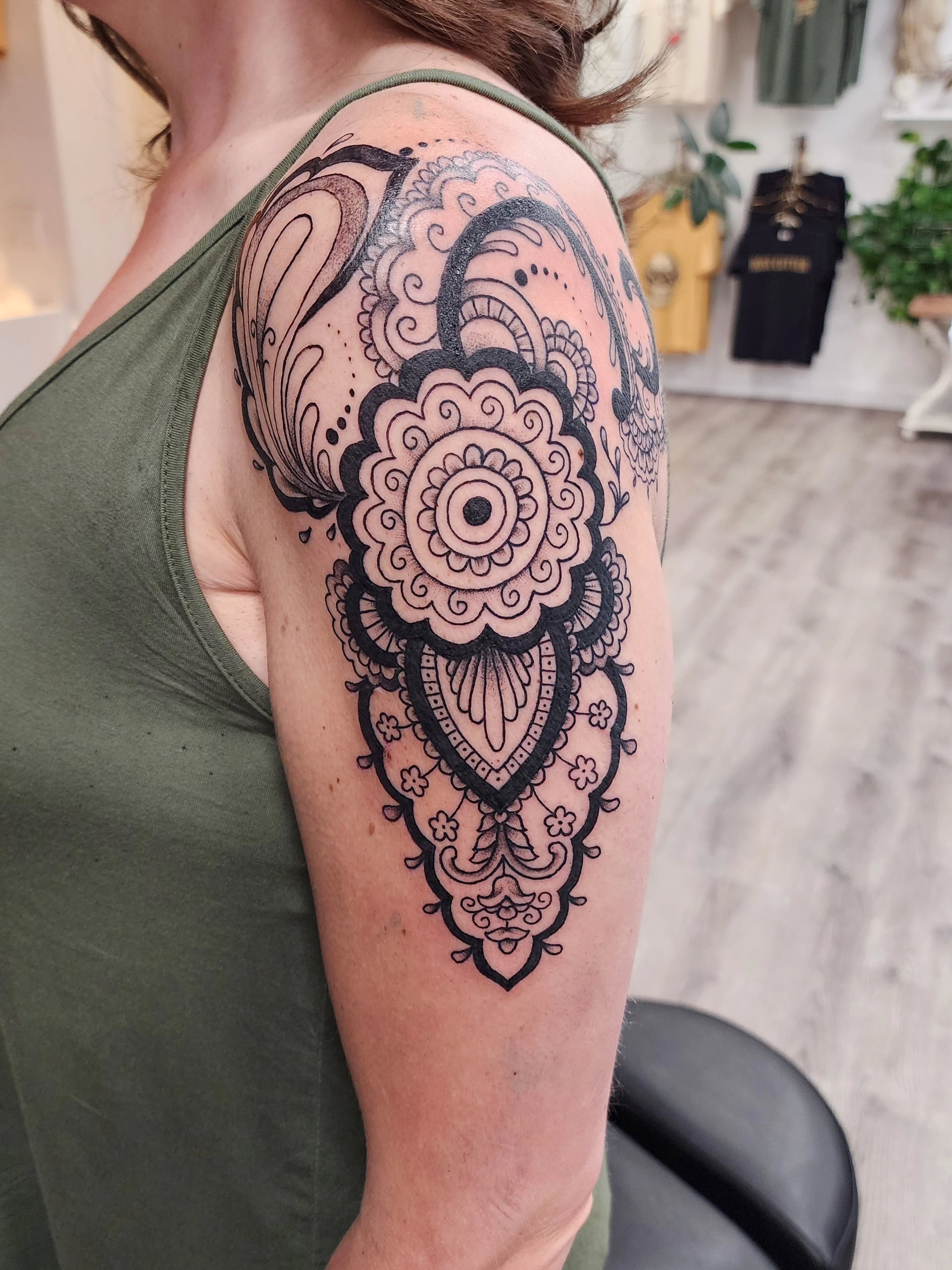 Mandala geometric tattoo on the shoulder by mikayla