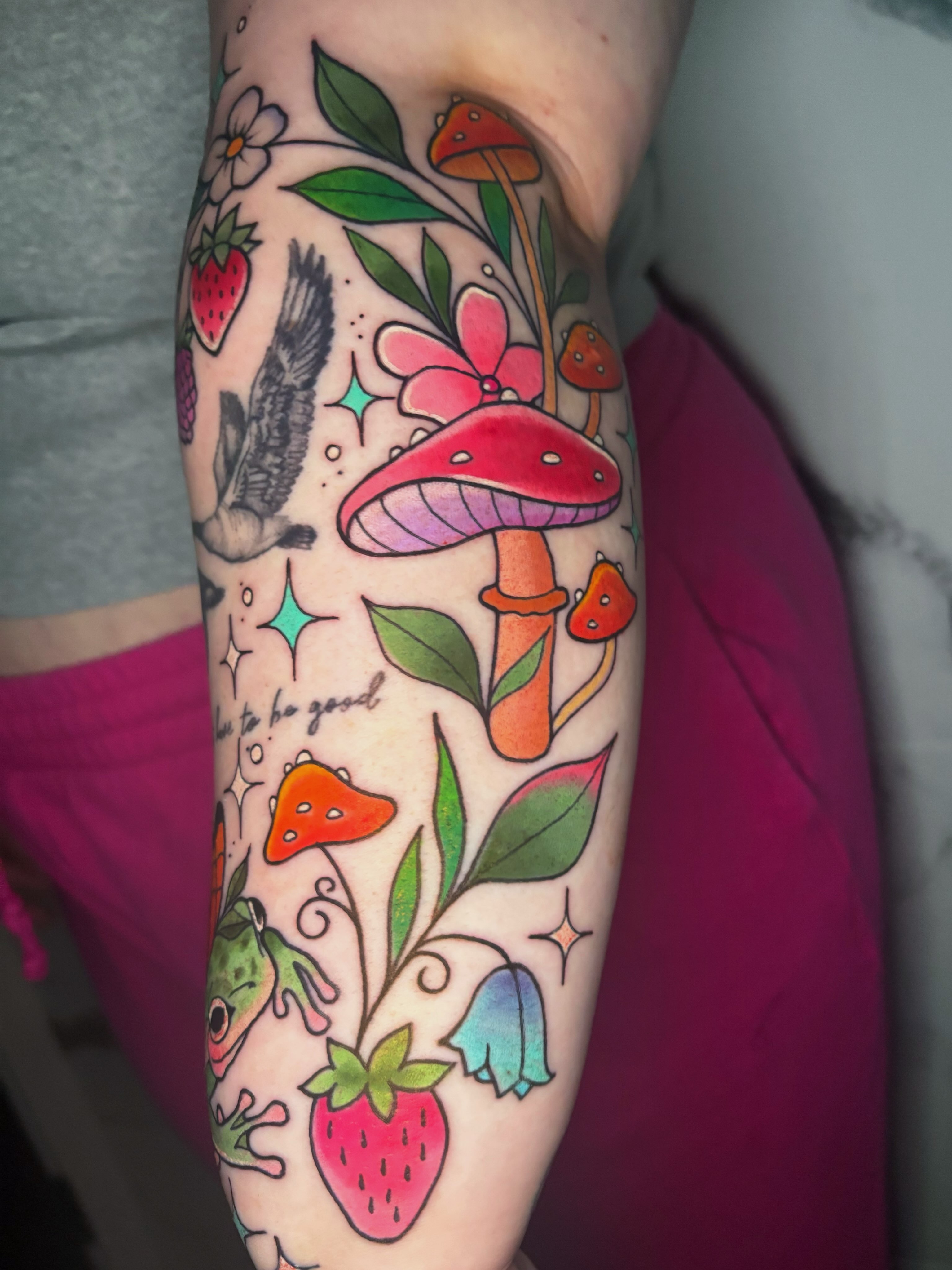 Mushroom and strawberry new school tattoo on the forearm by ♡ Demi ♡