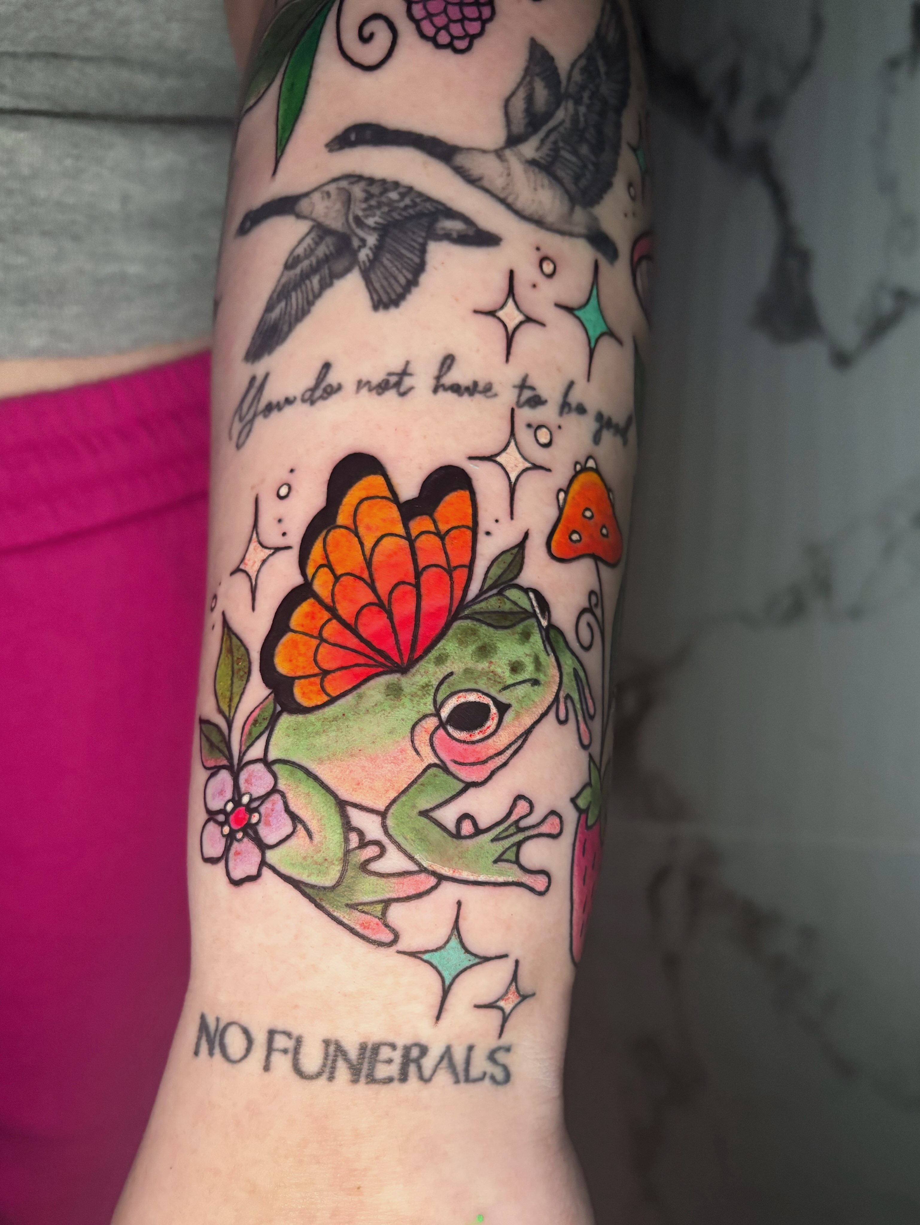 Frog with butterfly wings new school tattoo on the forearm by ♡ Demi ♡