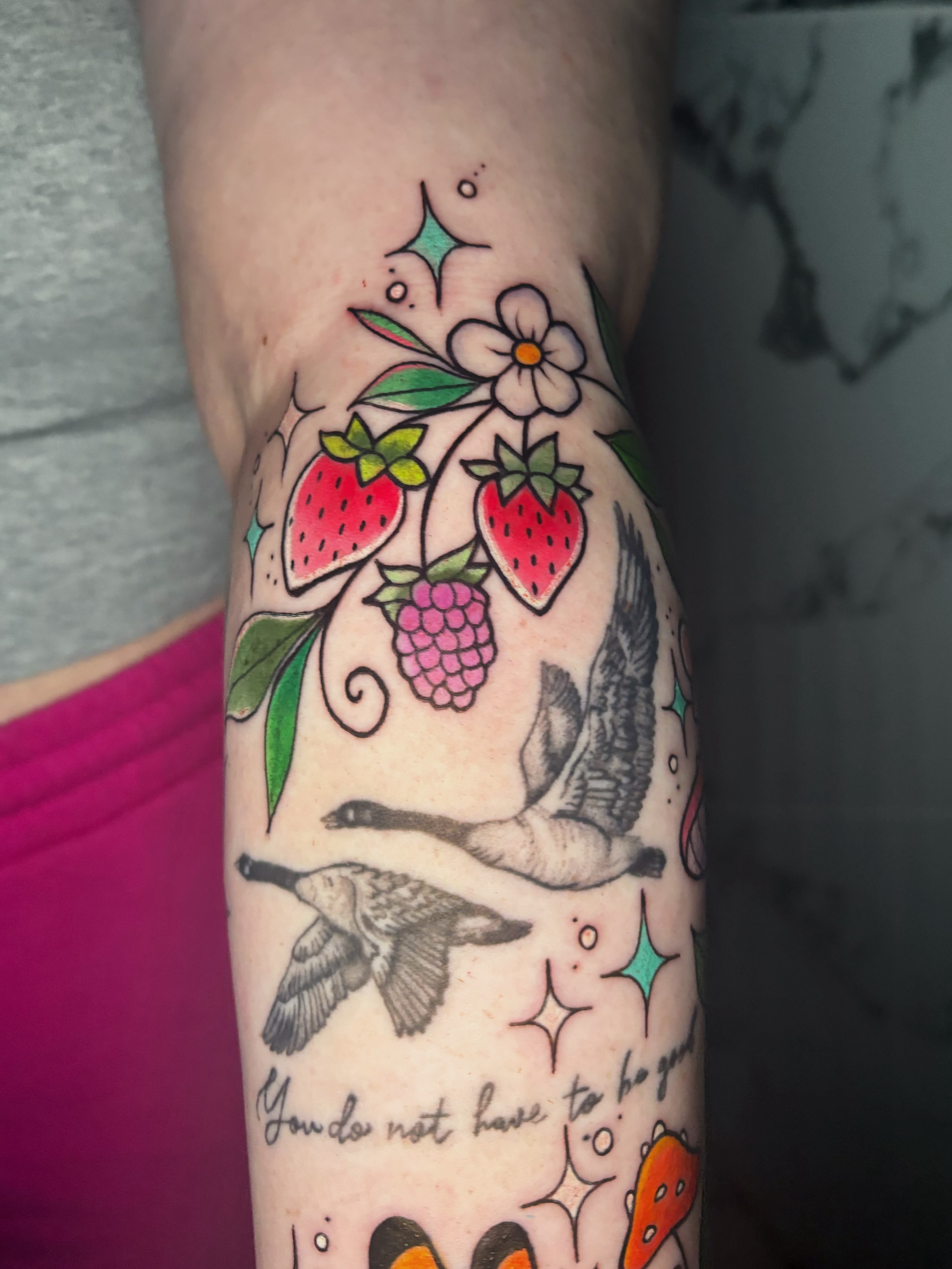 Berries and geese American traditional tattoo on the forearm by ♡ Demi ♡