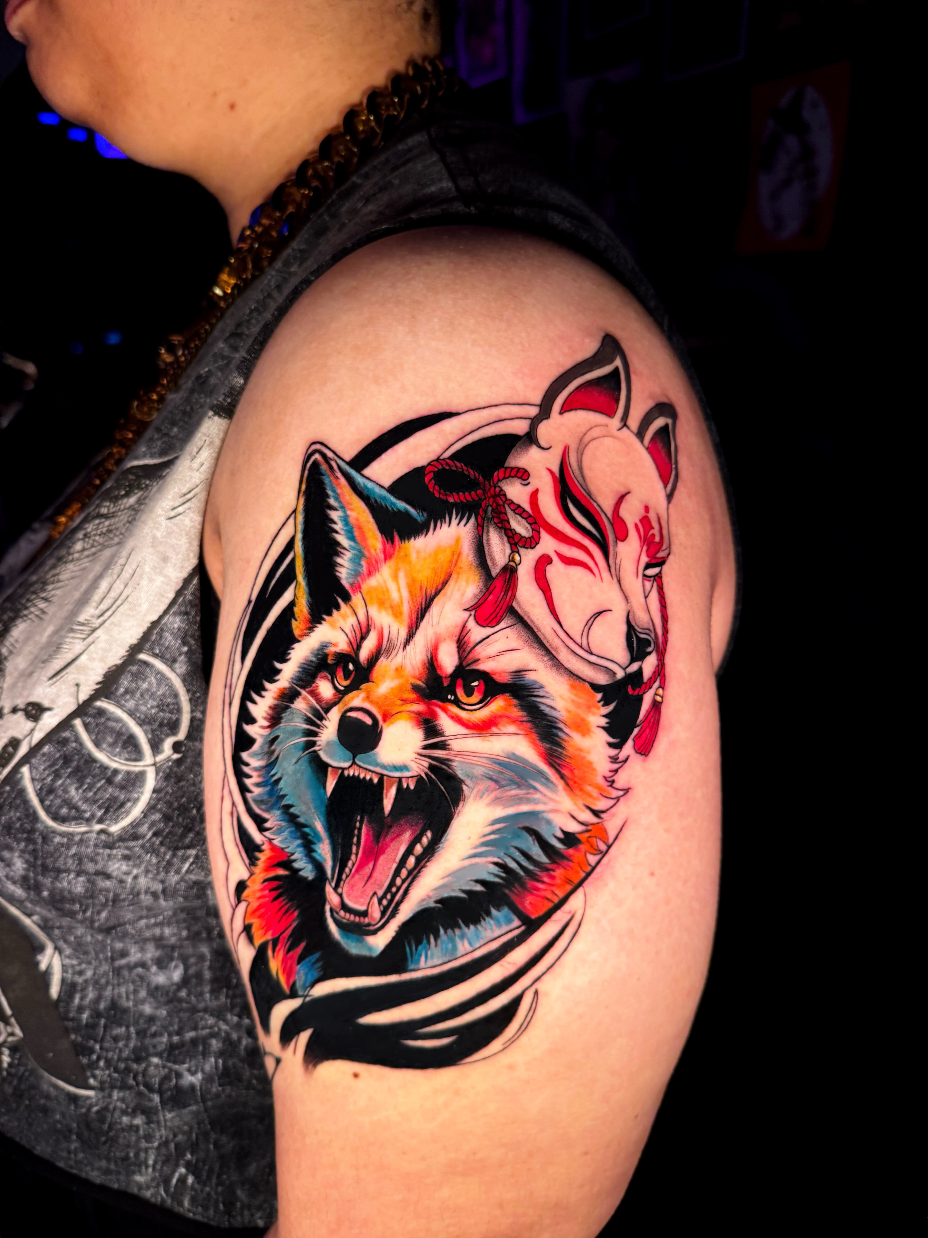 Fox American traditional tattoo on the shoulder by Ericka Hampton, Ferndale, Michigan