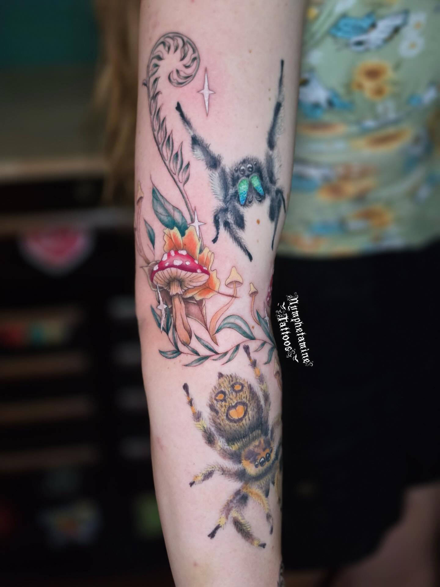 Spiders and mushrooms realism tattoo on the forearm by ๐ธ๐๐๐๐๐๐๐๐