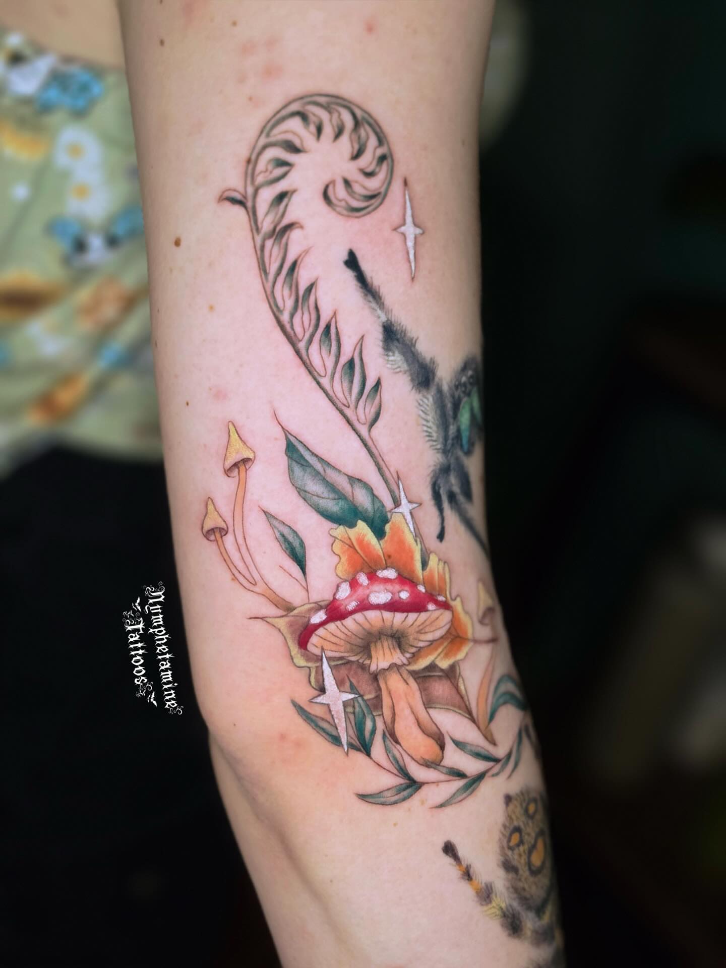 Mushroom and floral realism tattoo on the forearm by ๐ธ๐๐๐๐๐๐๐๐