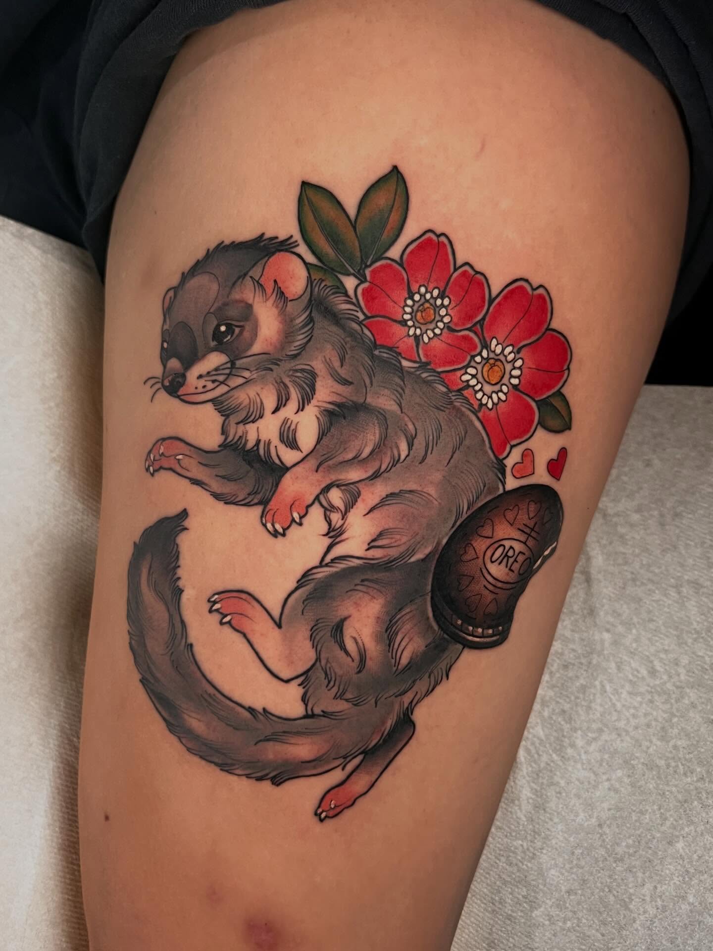 Sugar glider and flowers American traditional tattoo on the thigh by 𝙻𝚒𝚊 𝙹𝚎𝚙𝚙𝚎𝚜𝚎𝚗
