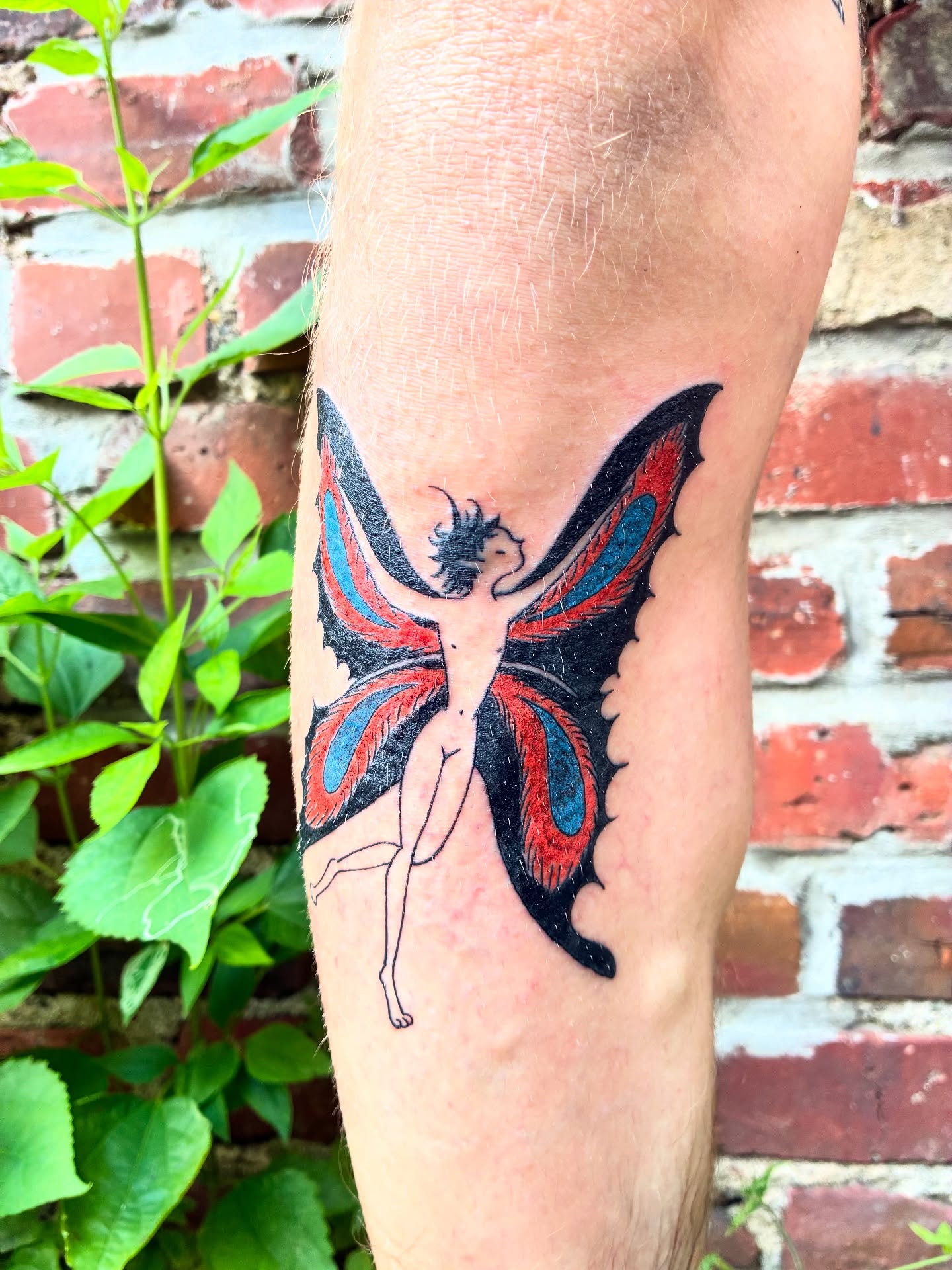 Fairy with butterfly wings illustrative tattoo on the forearm by Steph Liebetreu