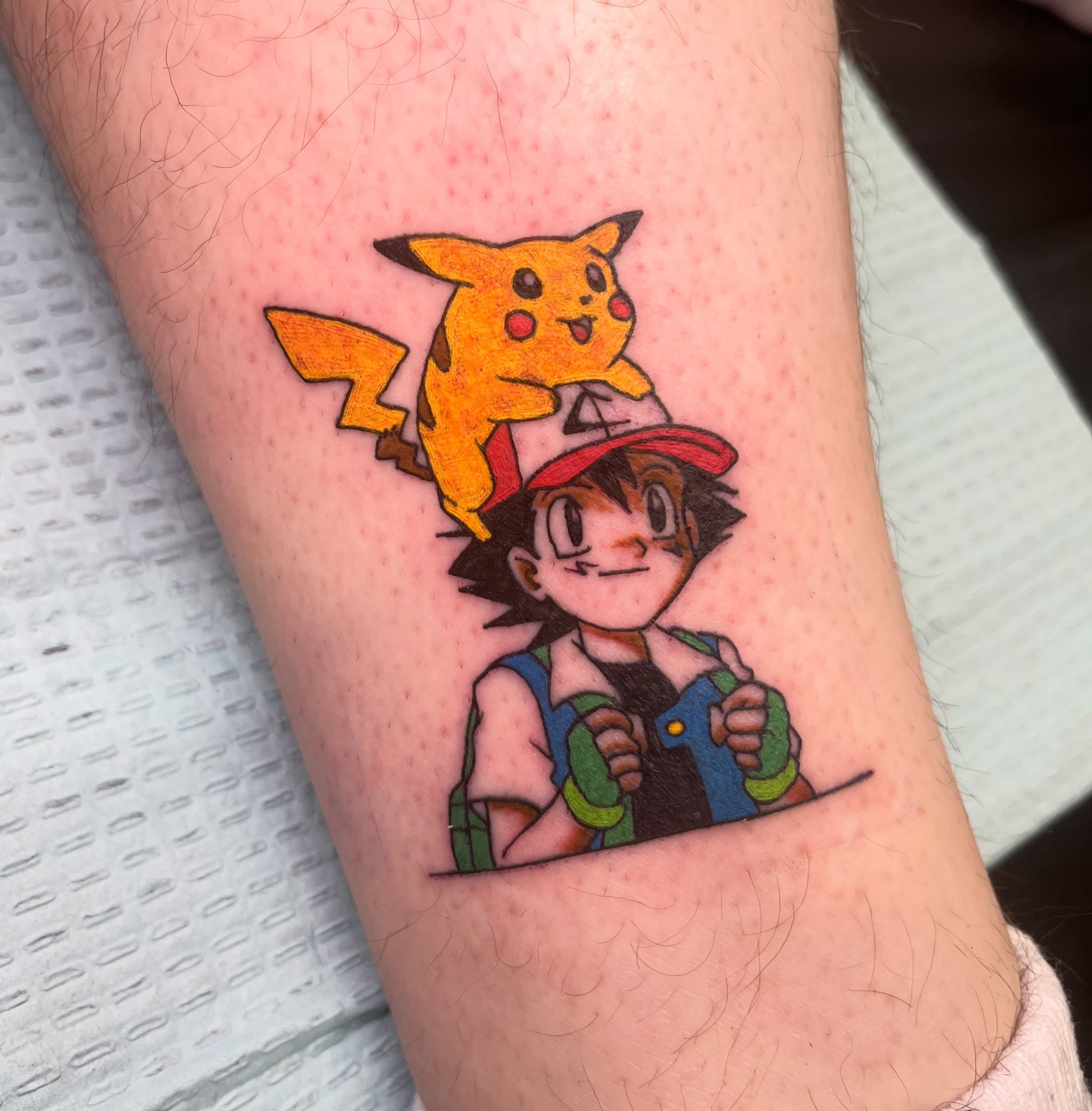 Pikachu and Ash anime tattoo on the forearm by Sean Swanson Tattoo Salem Oregon, Salem, Oregon