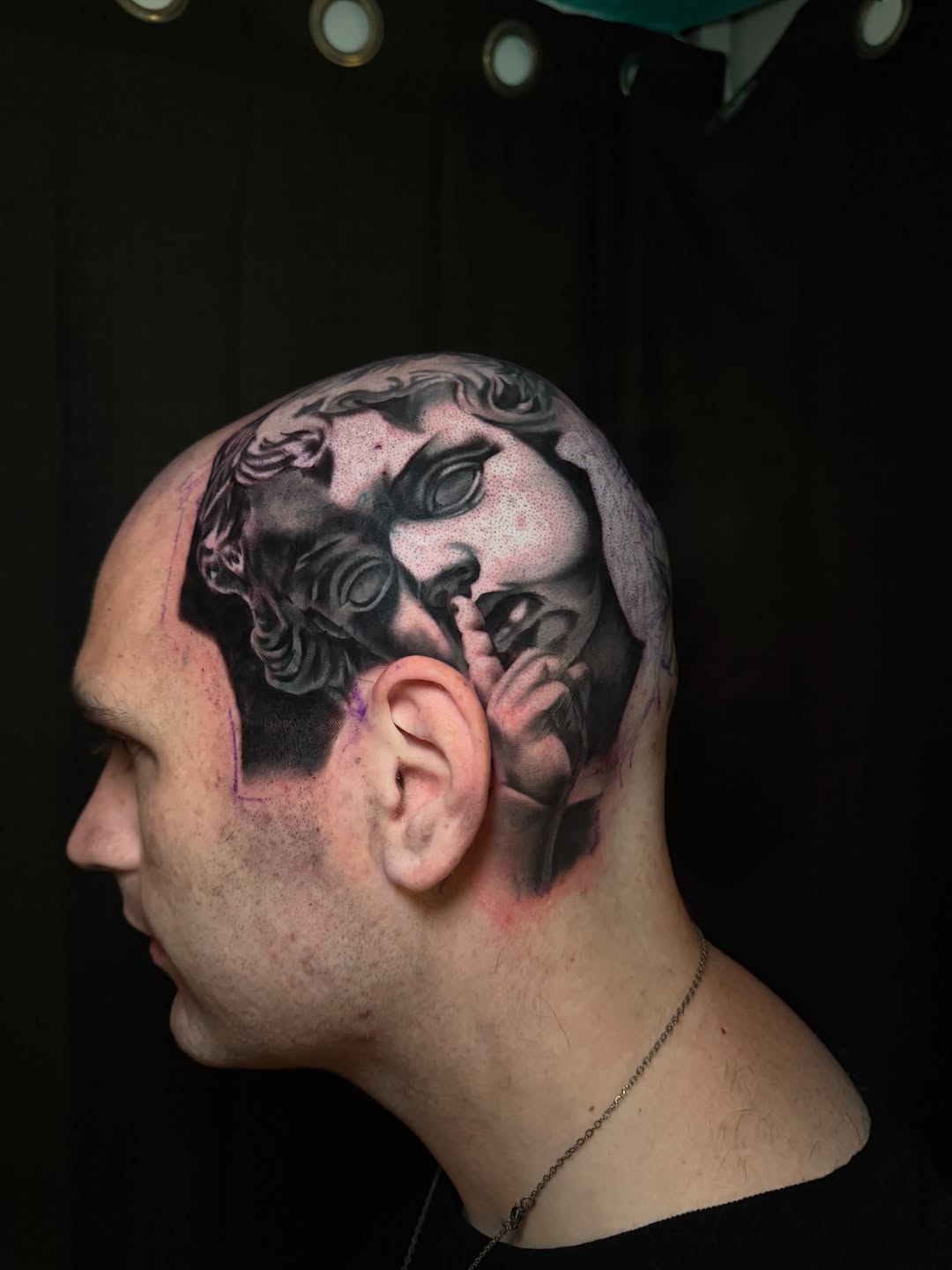 Sculpture bust realism tattoo on the head by ✥ Daemon Downing ✥ Kansas Tattoo Artist ✥, Wichita, Kansas