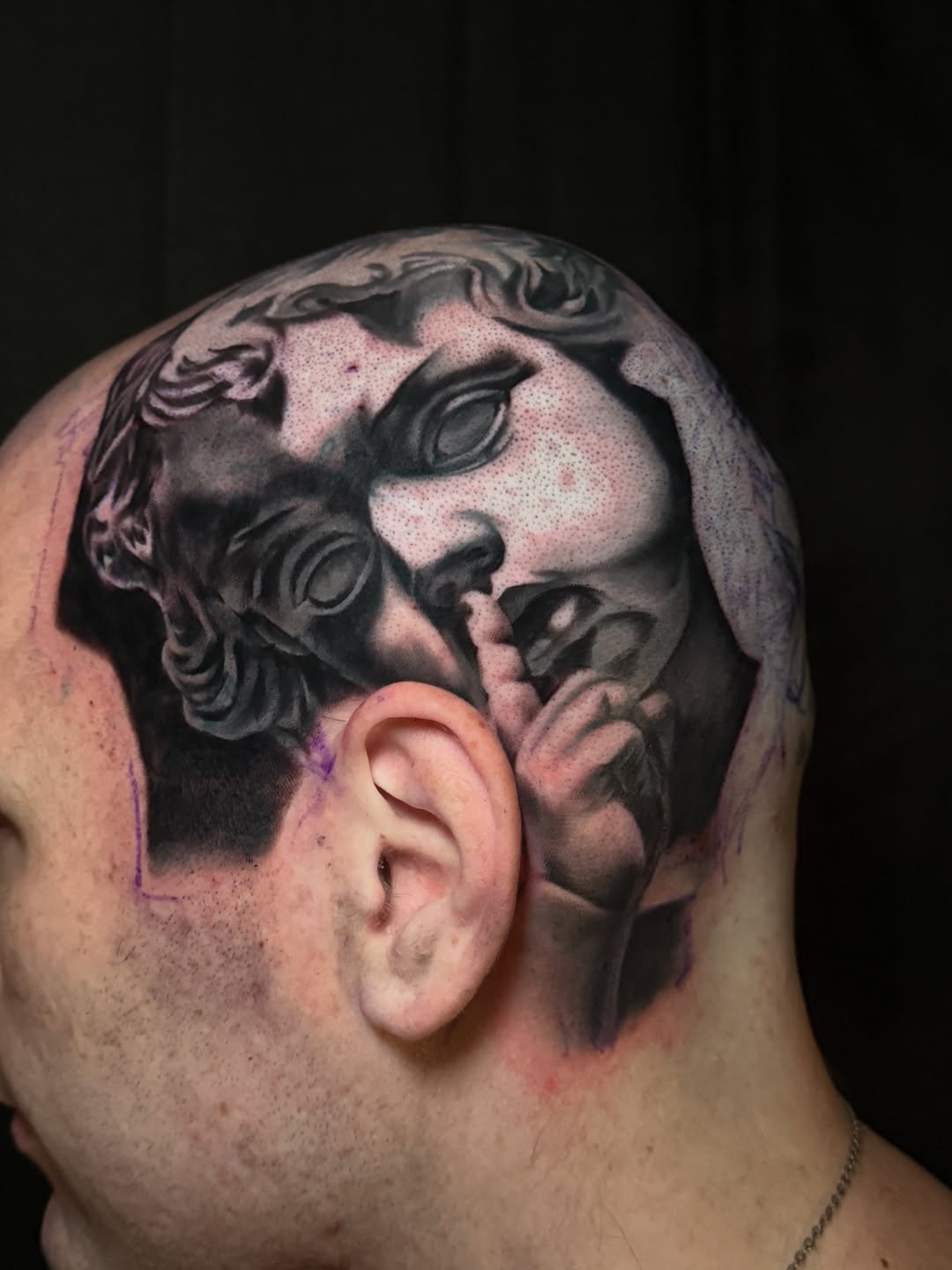 Sculpture bust surrealism tattoo on the head by ✥ Daemon Downing ✥ Kansas Tattoo Artist ✥, Wichita, Kansas