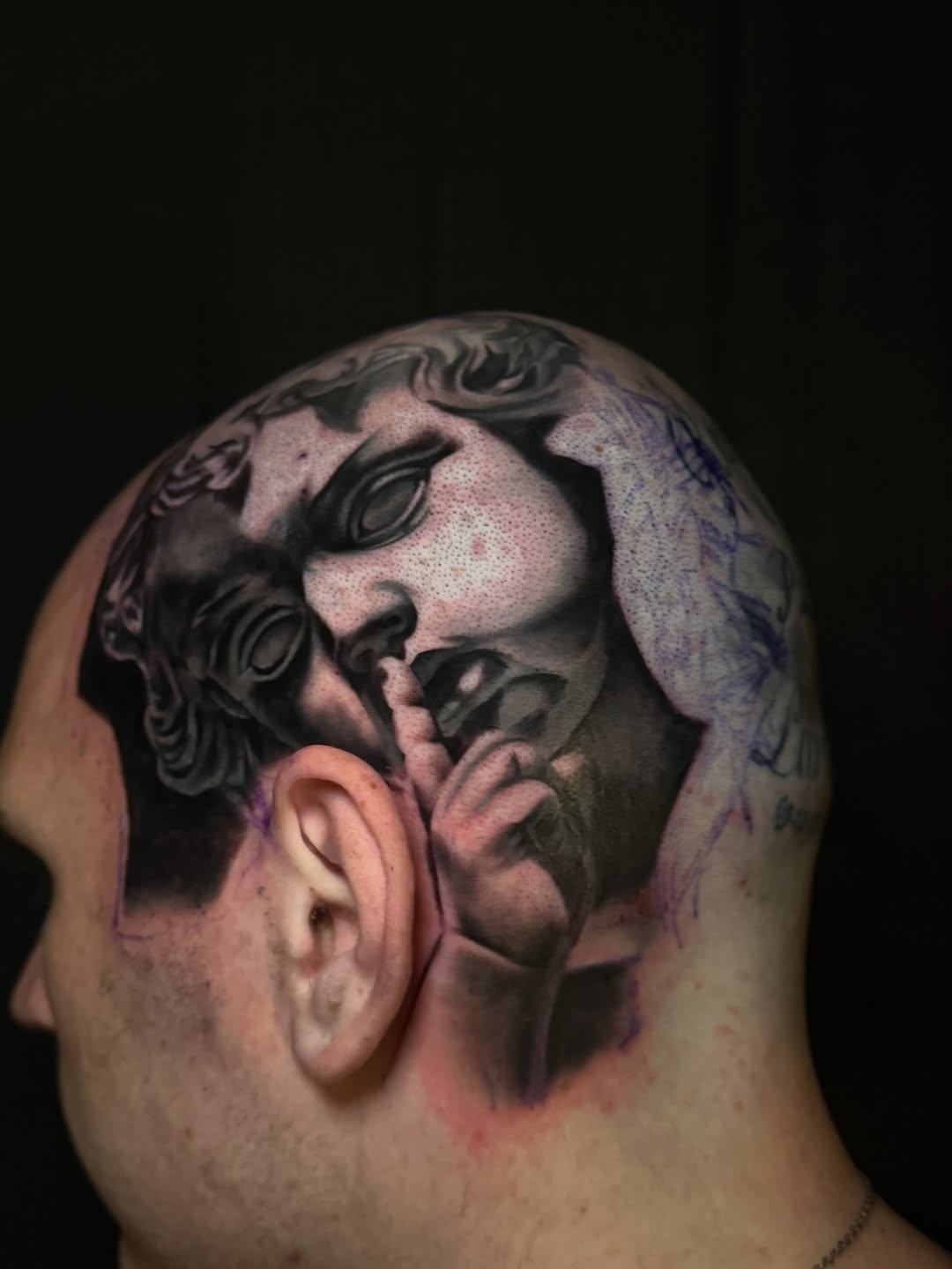 Sculptural bust with finger to lips surrealism tattoo on the head by ✥ Daemon Downing ✥ Kansas Tattoo Artist ✥, Wichita, Kansas