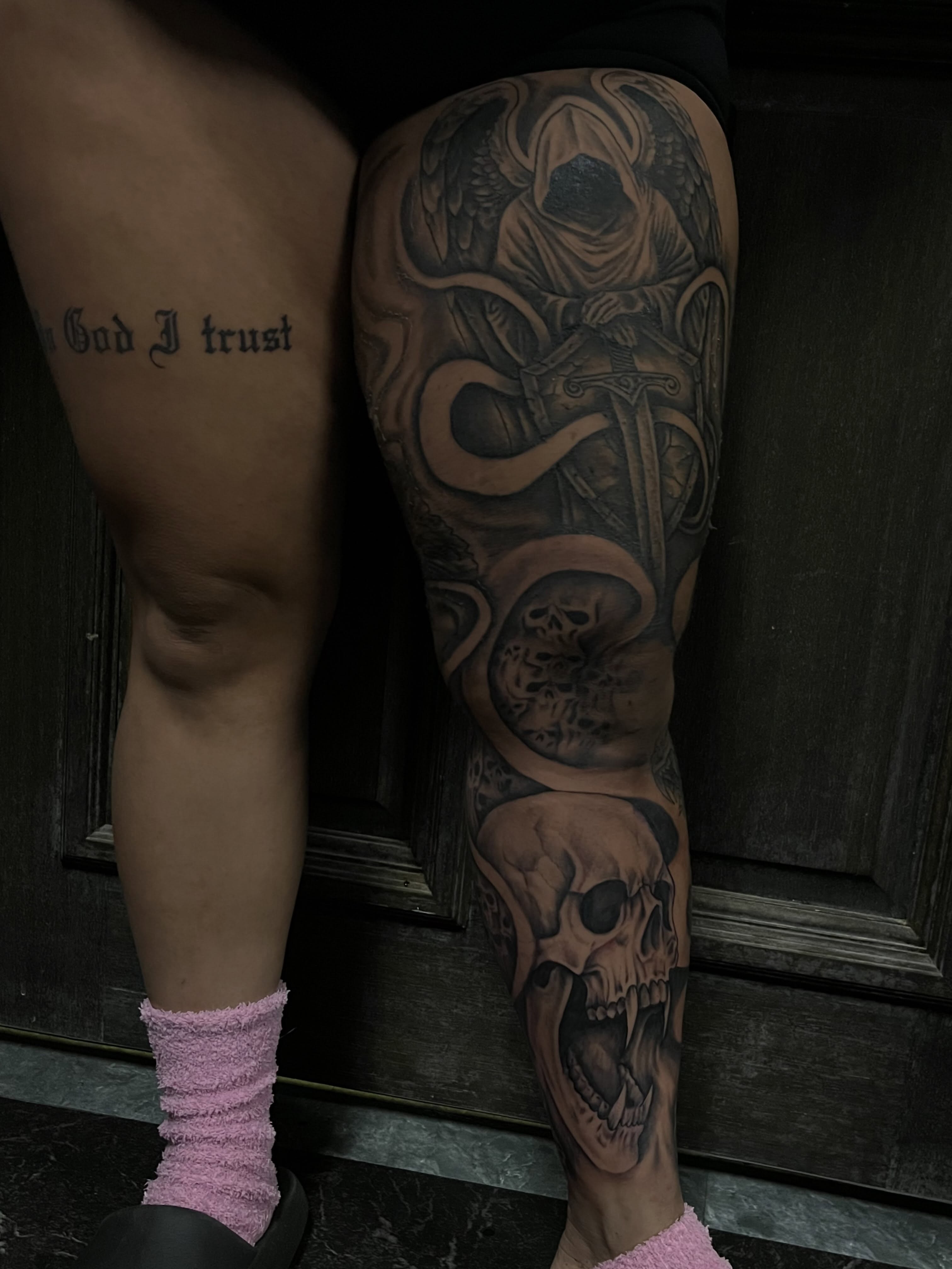 Grim reaper dark realism tattoo on the calf by DFW