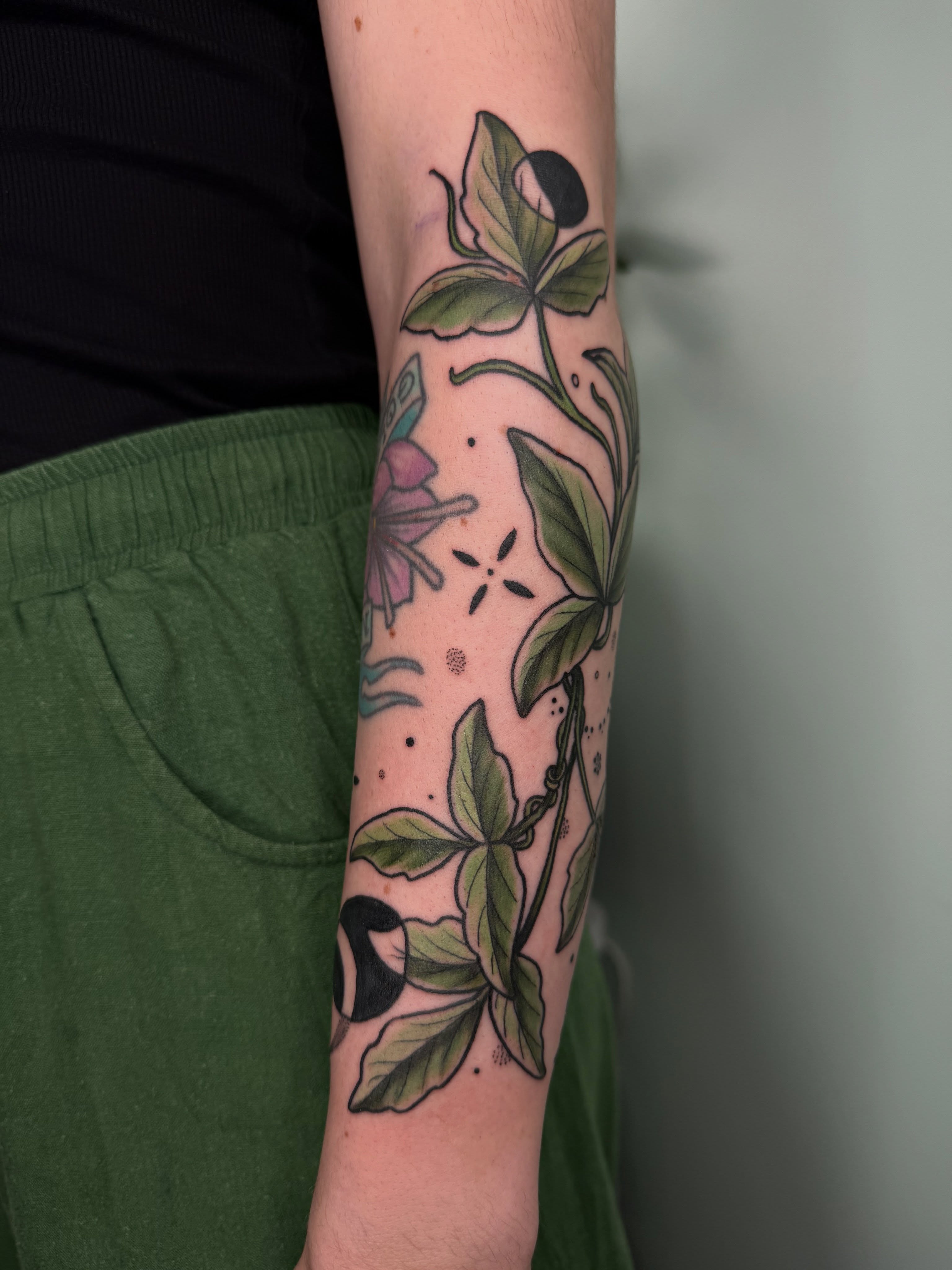 Botanical illustration dotwork tattoo on the forearm by AJ Jensen
