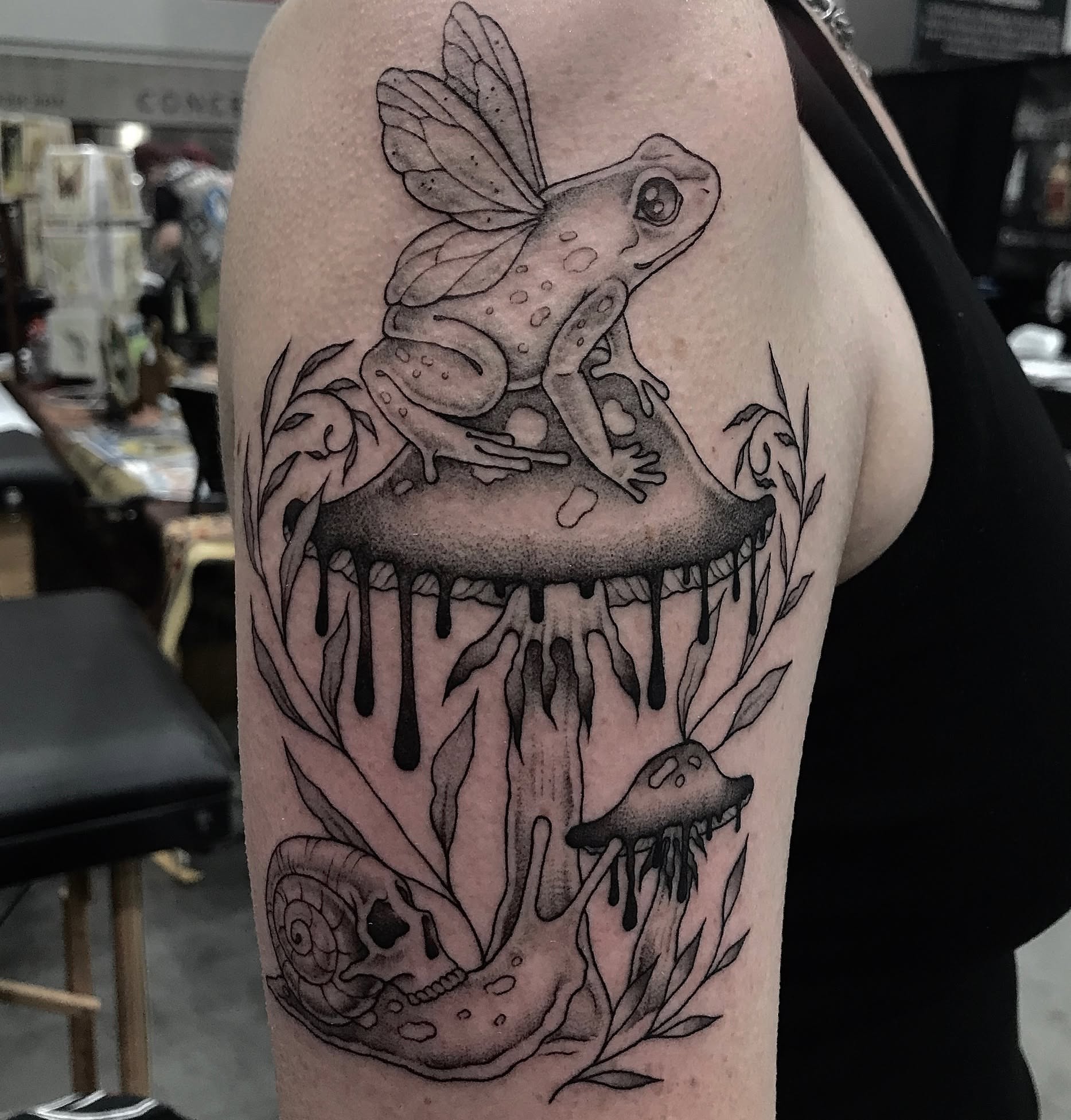 Tattoo by @raineydaytattoos — illustrative, dotwork