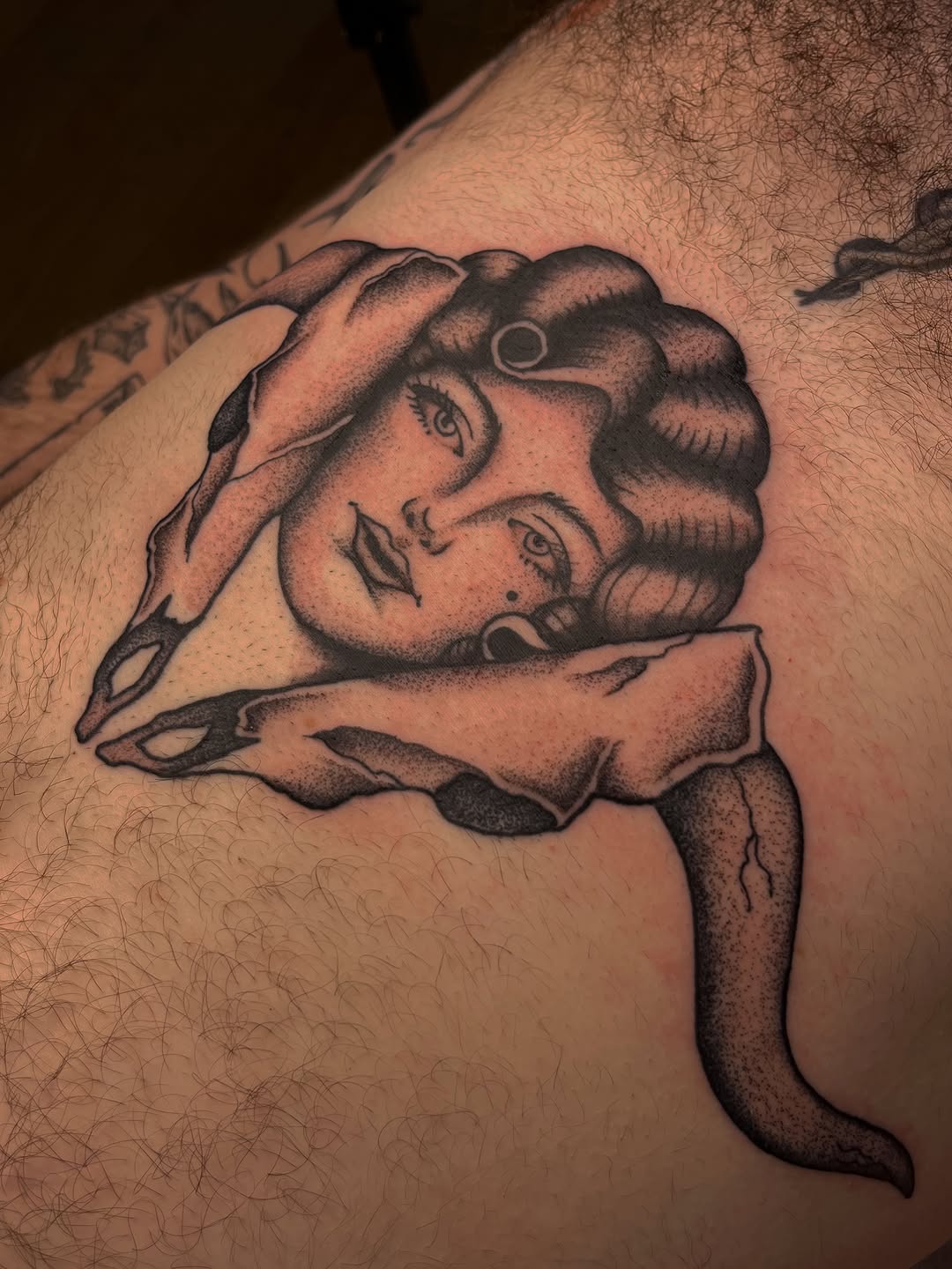Tattoo by @goatnap — black_and_grey, dotwork