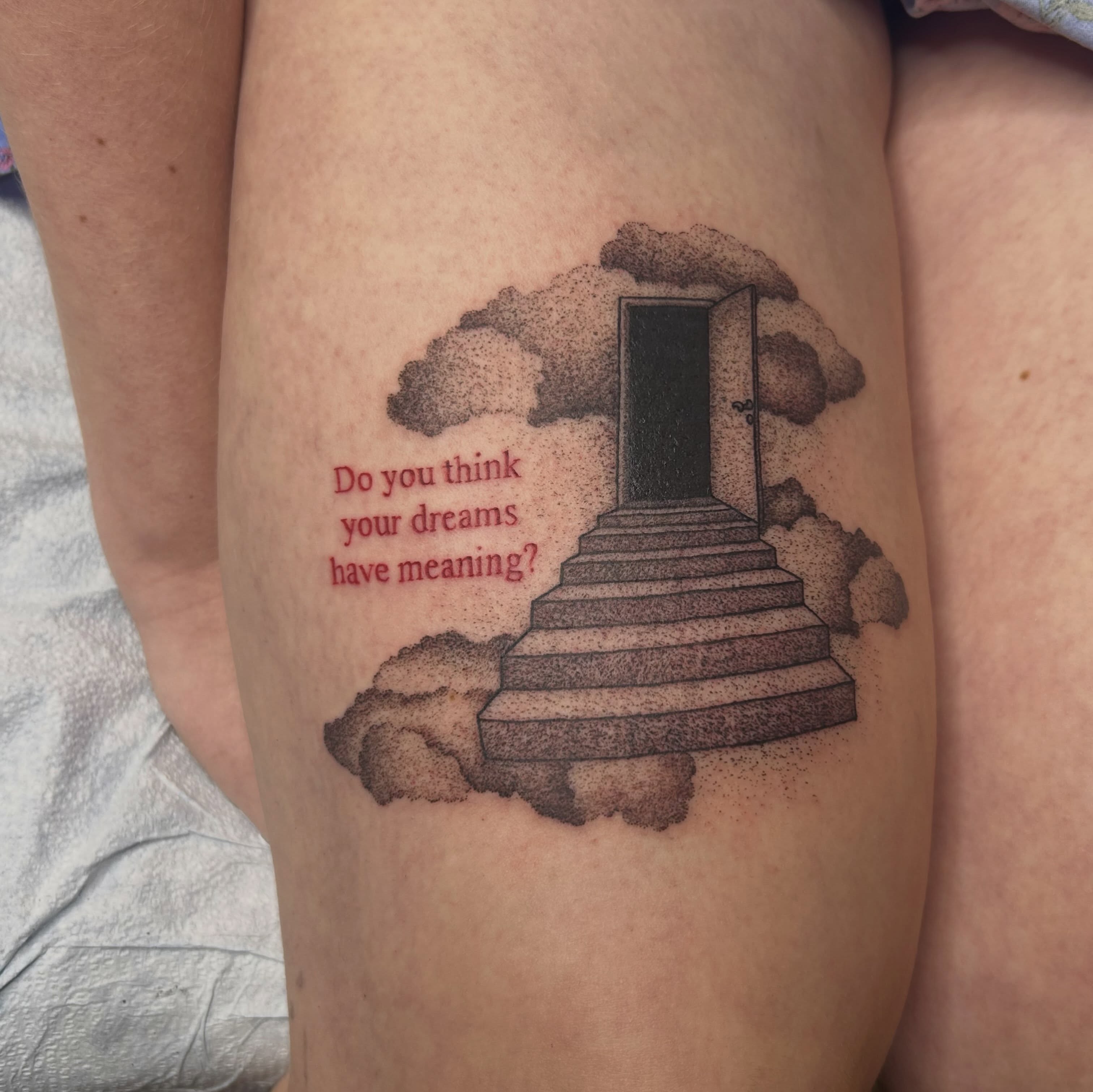 Stairs leading to door dotwork tattoo on the thigh by Jalisa 🕸️