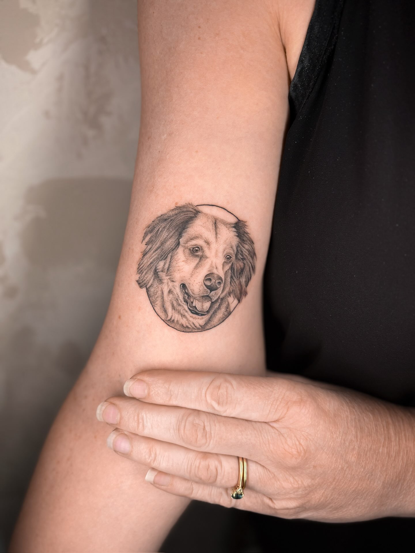 Dog realism tattoo on the forearm by Annie