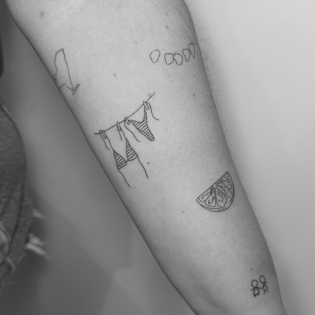 String and bikini fine line tattoo on the forearm by Jessica, Cheektowaga, New York