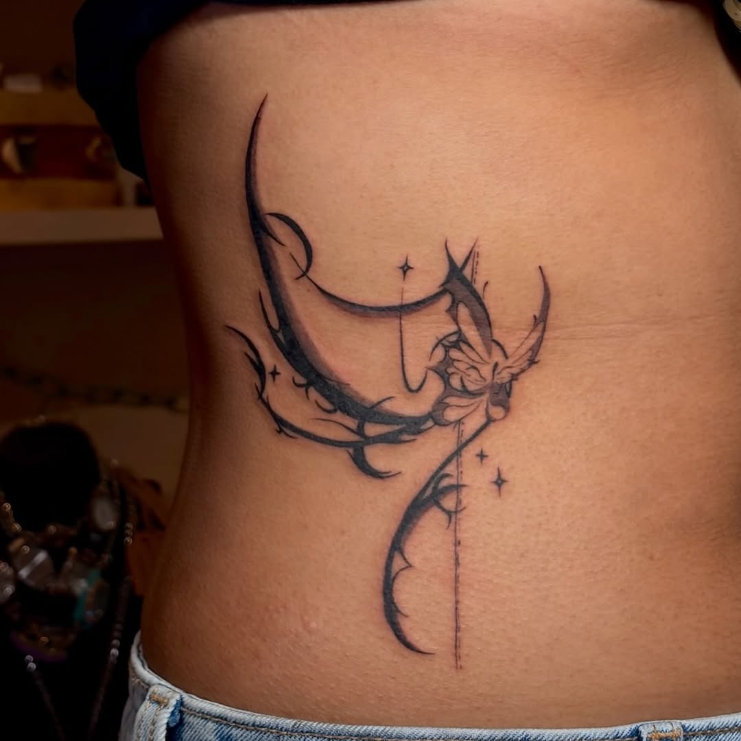 Abstract moon and butterfly cyber sigilism tattoo on the ribs by *:・kelly✧*:・゚